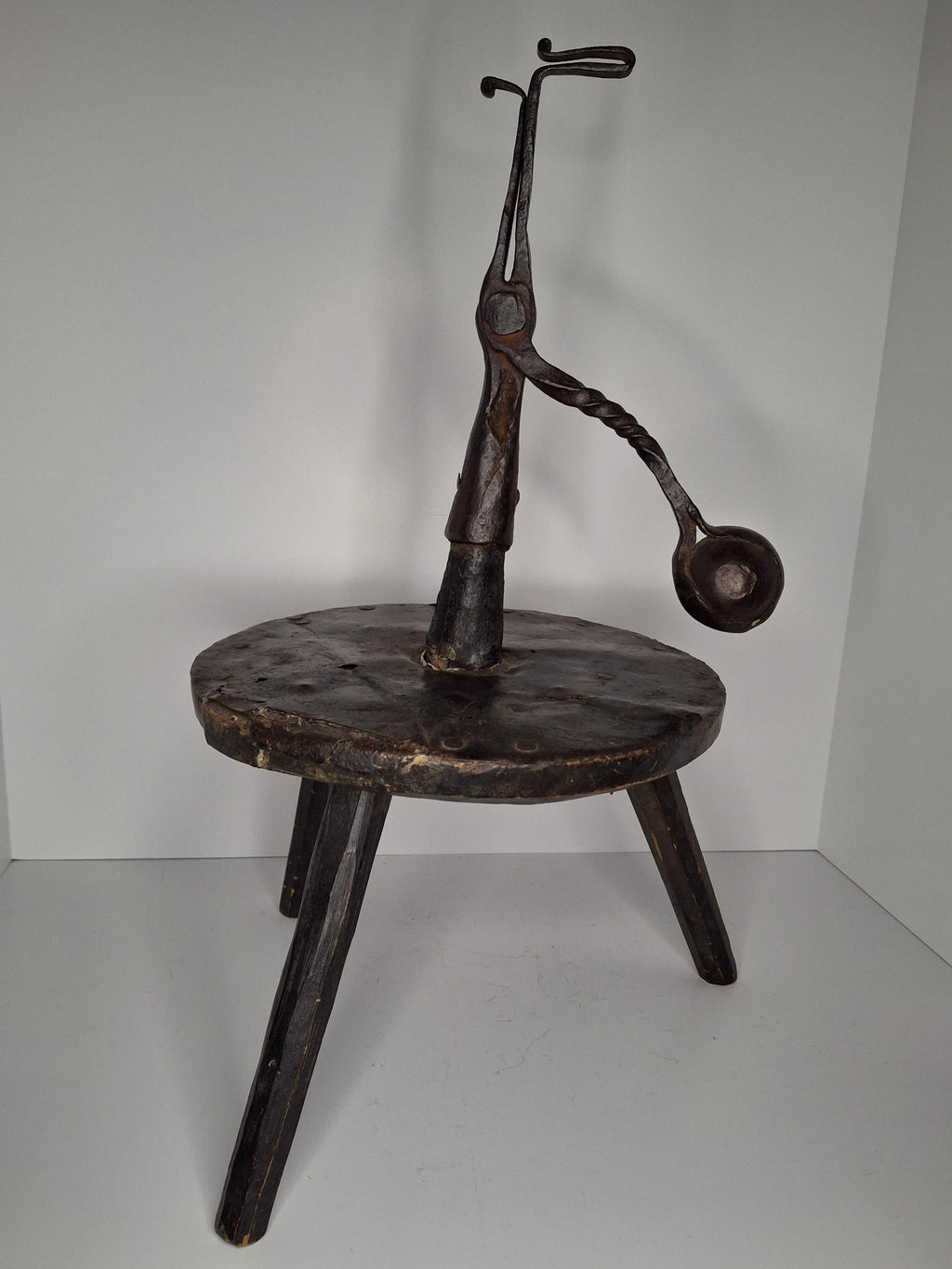 Extremely Rare Circa 17th Century English/American Primitive Wrought Iron Rushlight Holder on Wooden Tripod Base with Circular, Leather Wrapped 'Table,' Ball Counterweight - Museum Quality Lighting Artifact