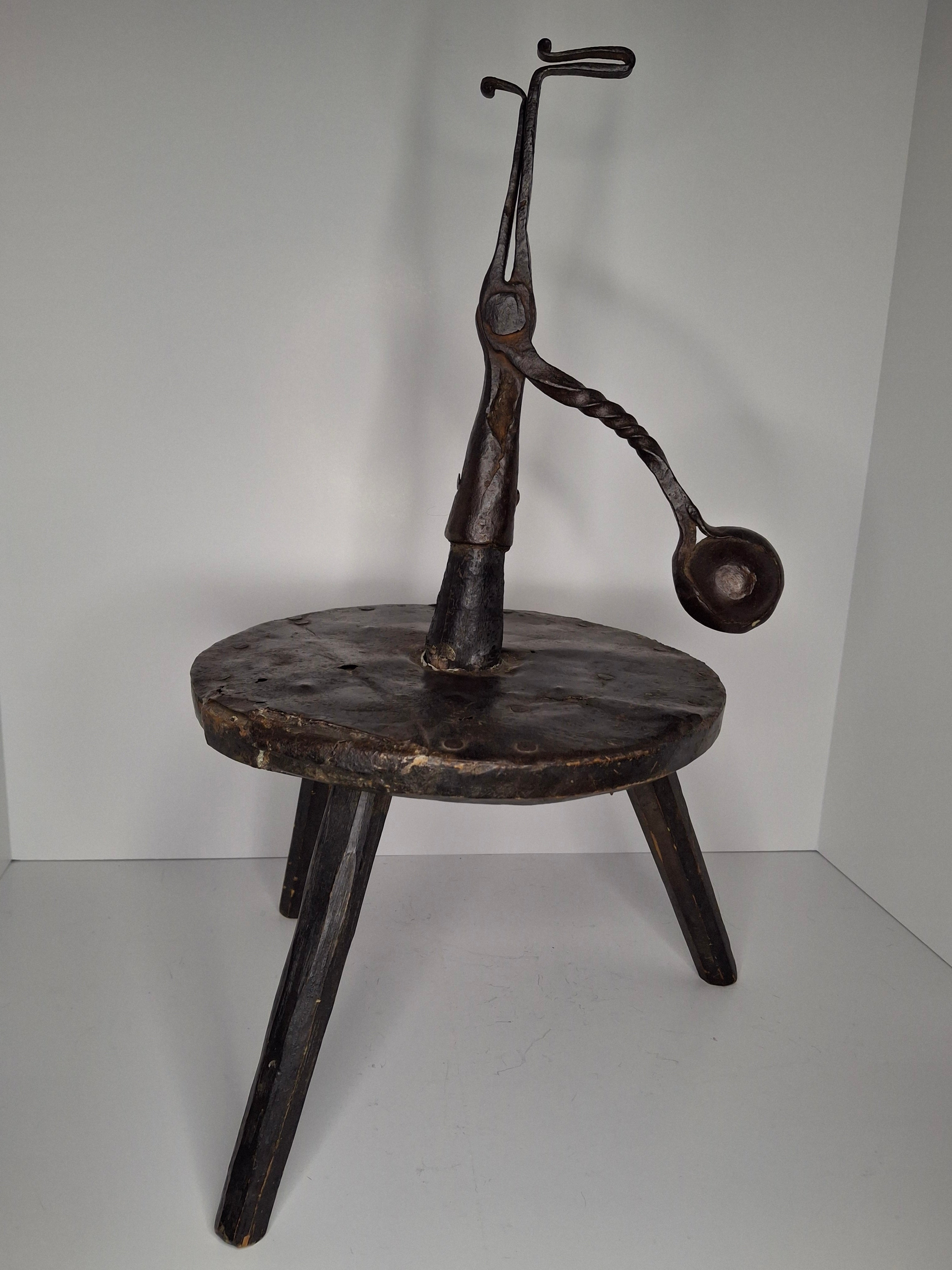 Extremely Rare Circa 17th Century English/American Primitive Wrought Iron Rushlight Holder on Wooden Tripod Base with Circular, Leather Wrapped 'Table,' Ball Counterweight - Museum Quality Lighting Artifact