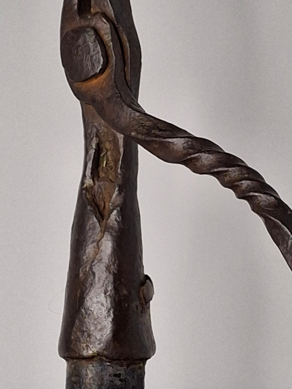 Extremely Rare Circa 17th Century English/American Primitive Wrought Iron Rushlight Holder on Wooden Tripod Base with Circular, Leather Wrapped 'Table,' Ball Counterweight - Museum Quality Lighting Artifact