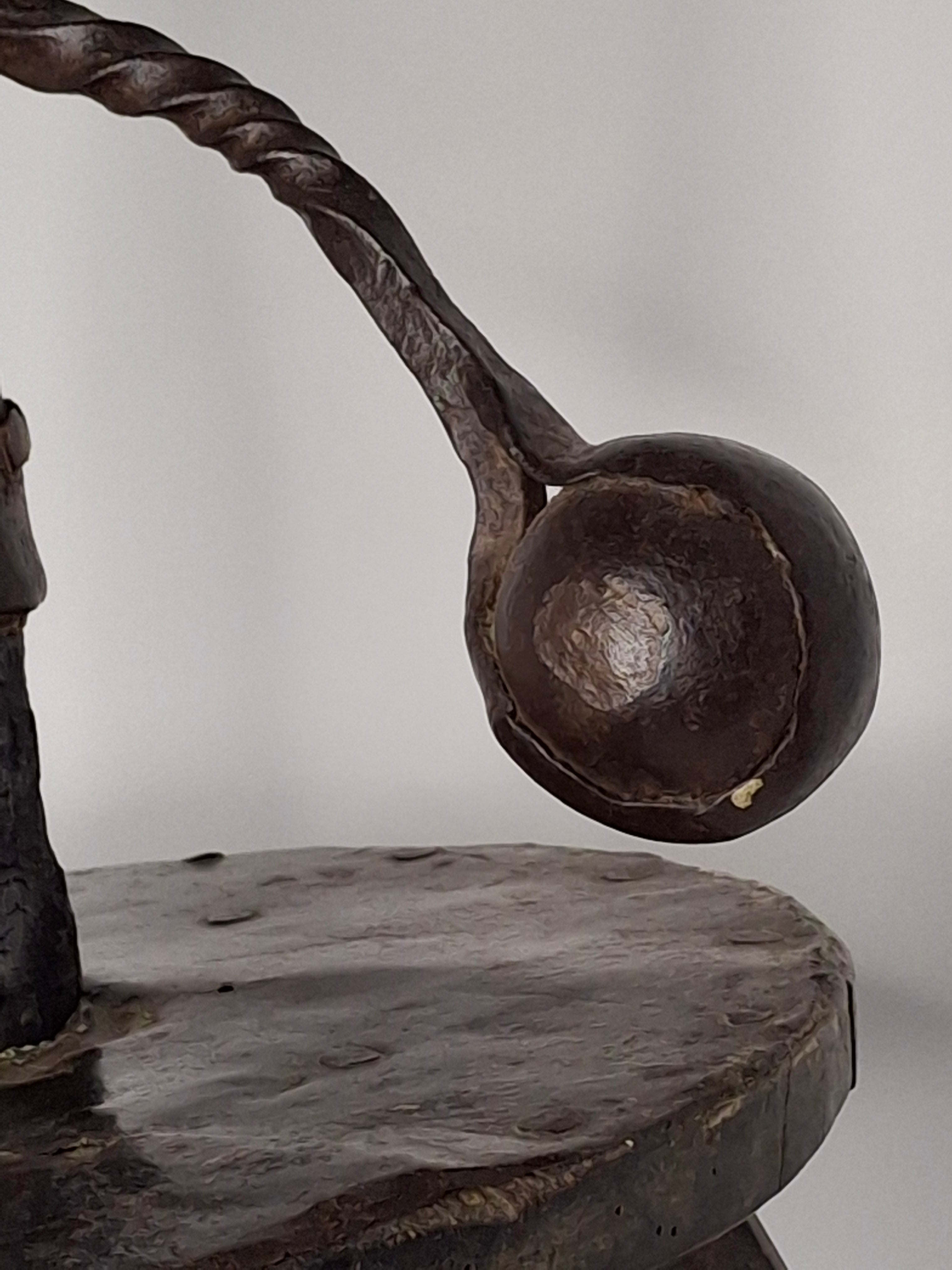 Extremely Rare Circa 17th Century English/American Primitive Wrought Iron Rushlight Holder on Wooden Tripod Base with Circular, Leather Wrapped 'Table,' Ball Counterweight - Museum Quality Lighting Artifact