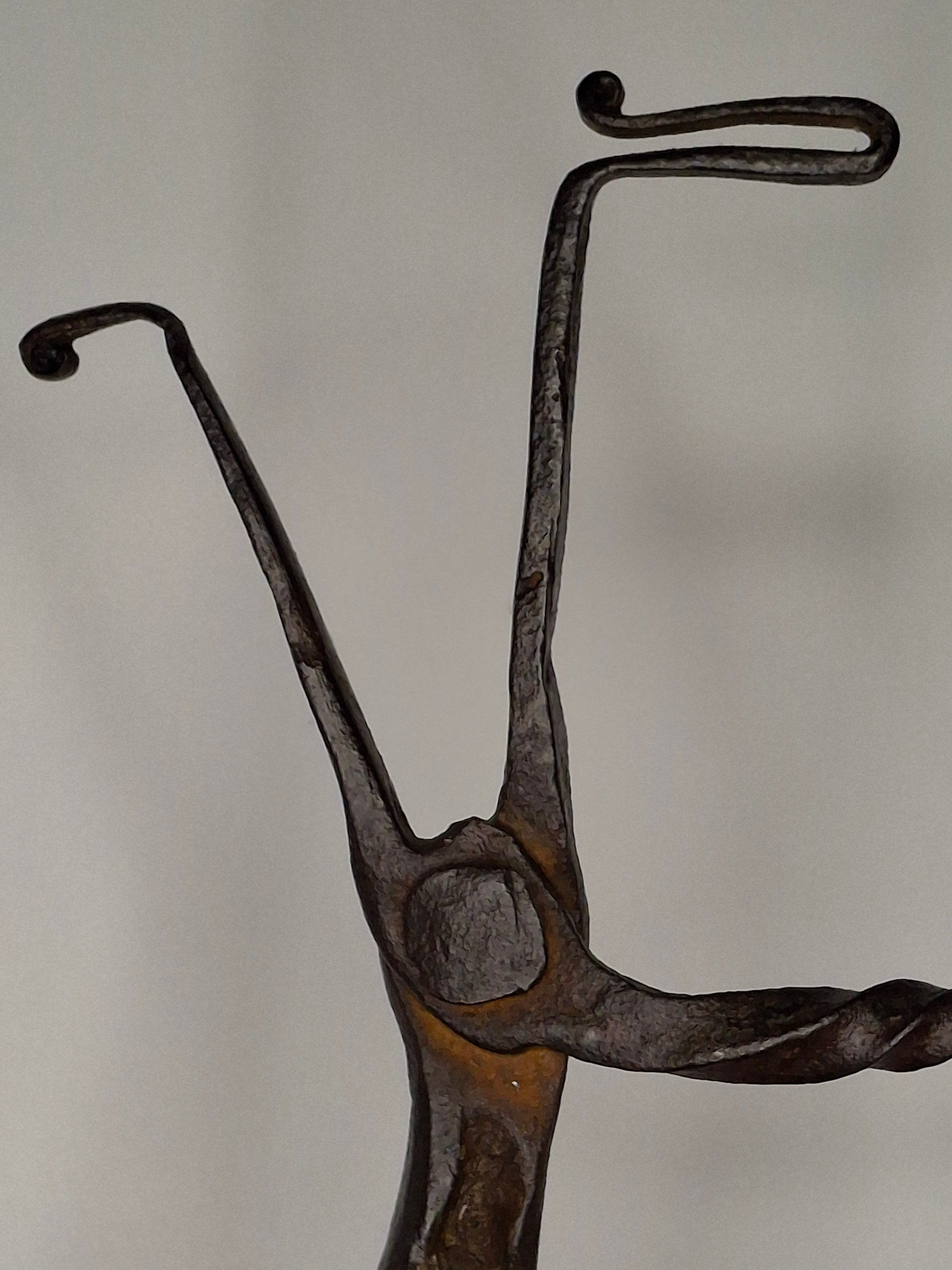 Extremely Rare Circa 17th Century English/American Primitive Wrought Iron Rushlight Holder on Wooden Tripod Base with Circular, Leather Wrapped 'Table,' Ball Counterweight - Museum Quality Lighting Artifact