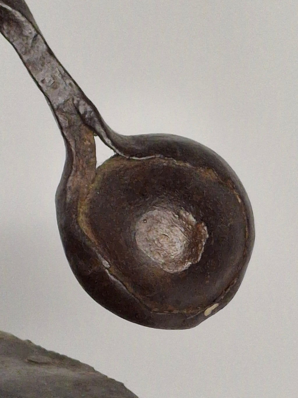 Extremely Rare Circa 17th Century English/American Primitive Wrought Iron Rushlight Holder on Wooden Tripod Base with Circular, Leather Wrapped 'Table,' Ball Counterweight - Museum Quality Lighting Artifact