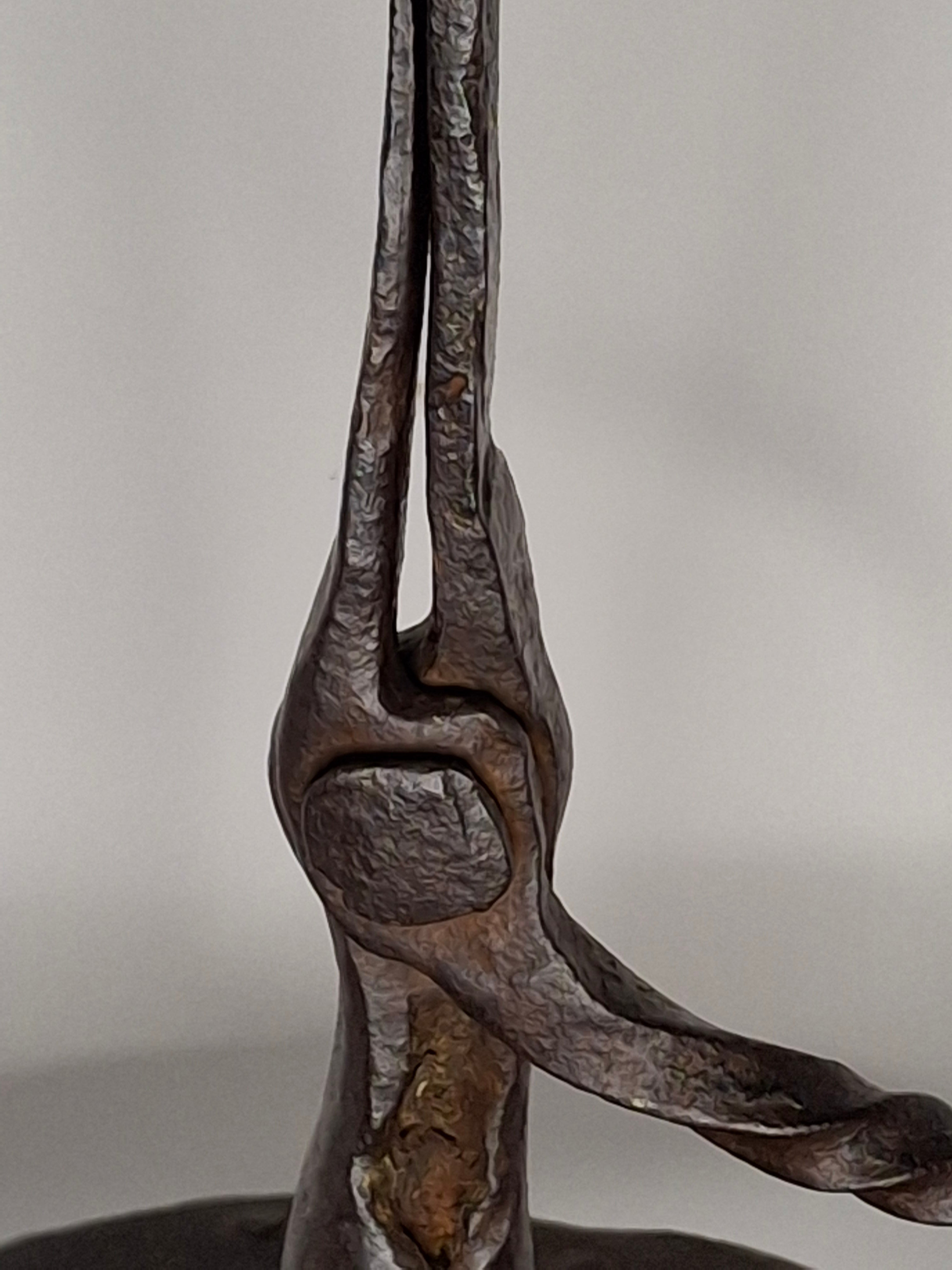 Extremely Rare Circa 17th Century English/American Primitive Wrought Iron Rushlight Holder on Wooden Tripod Base with Circular, Leather Wrapped 'Table,' Ball Counterweight - Museum Quality Lighting Artifact