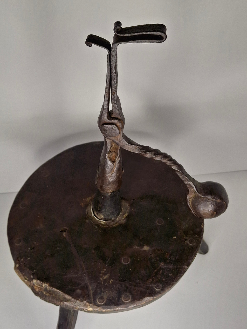 Extremely Rare Circa 17th Century English/American Primitive Wrought Iron Rushlight Holder on Wooden Tripod Base with Circular, Leather Wrapped 'Table,' Ball Counterweight - Museum Quality Lighting Artifact