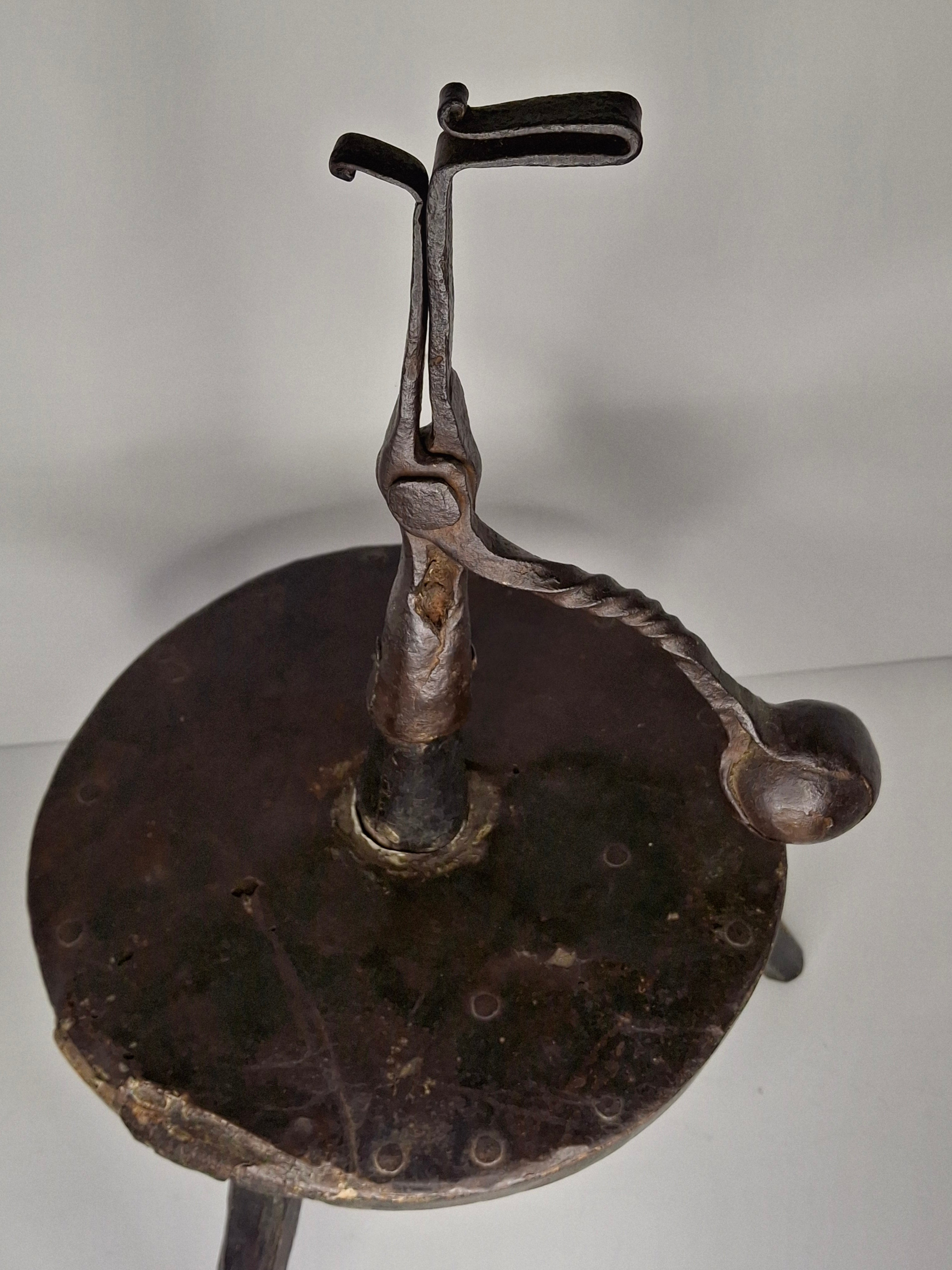 Extremely Rare Circa 17th Century English/American Primitive Wrought Iron Rushlight Holder on Wooden Tripod Base with Circular, Leather Wrapped 'Table,' Ball Counterweight - Museum Quality Lighting Artifact