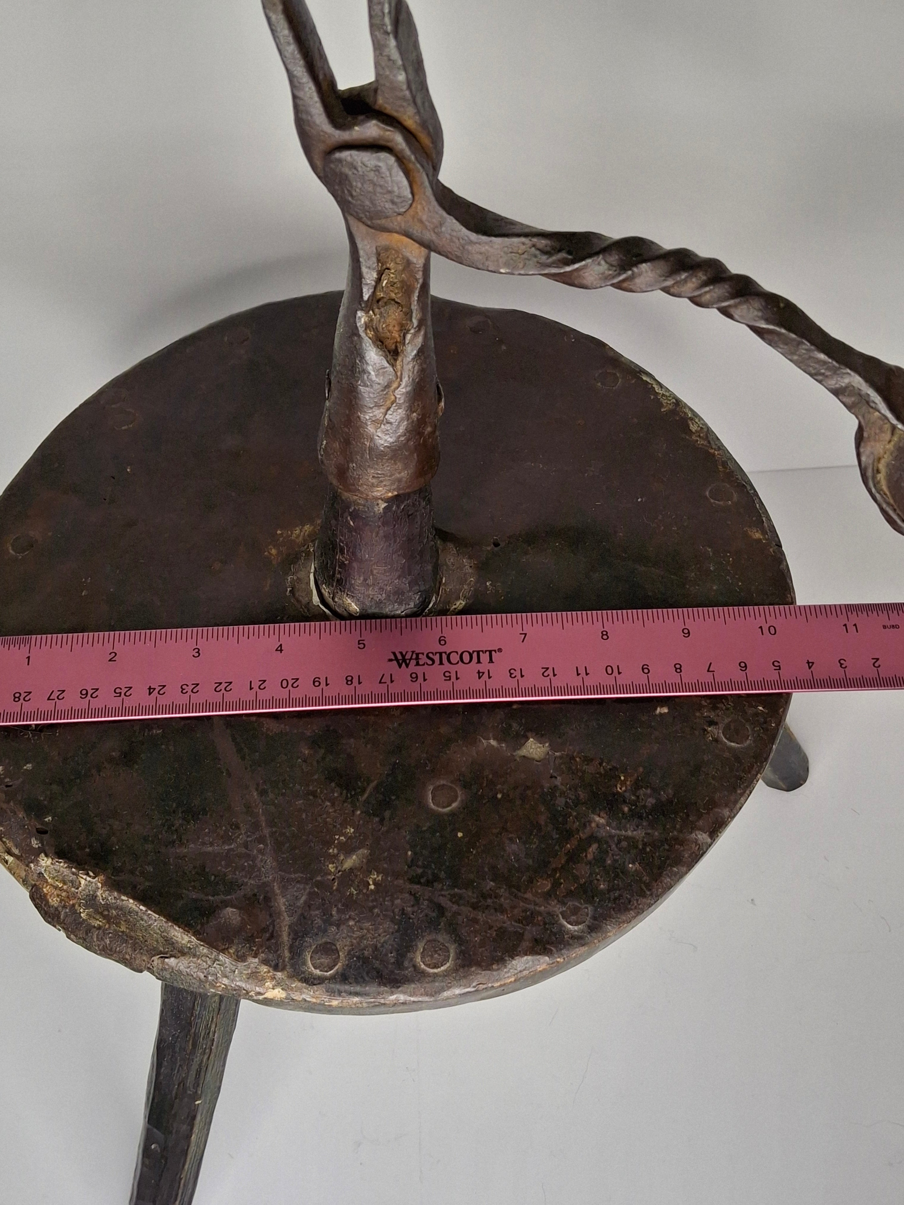 Extremely Rare Circa 17th Century English/American Primitive Wrought Iron Rushlight Holder on Wooden Tripod Base with Circular, Leather Wrapped 'Table,' Ball Counterweight - Museum Quality Lighting Artifact