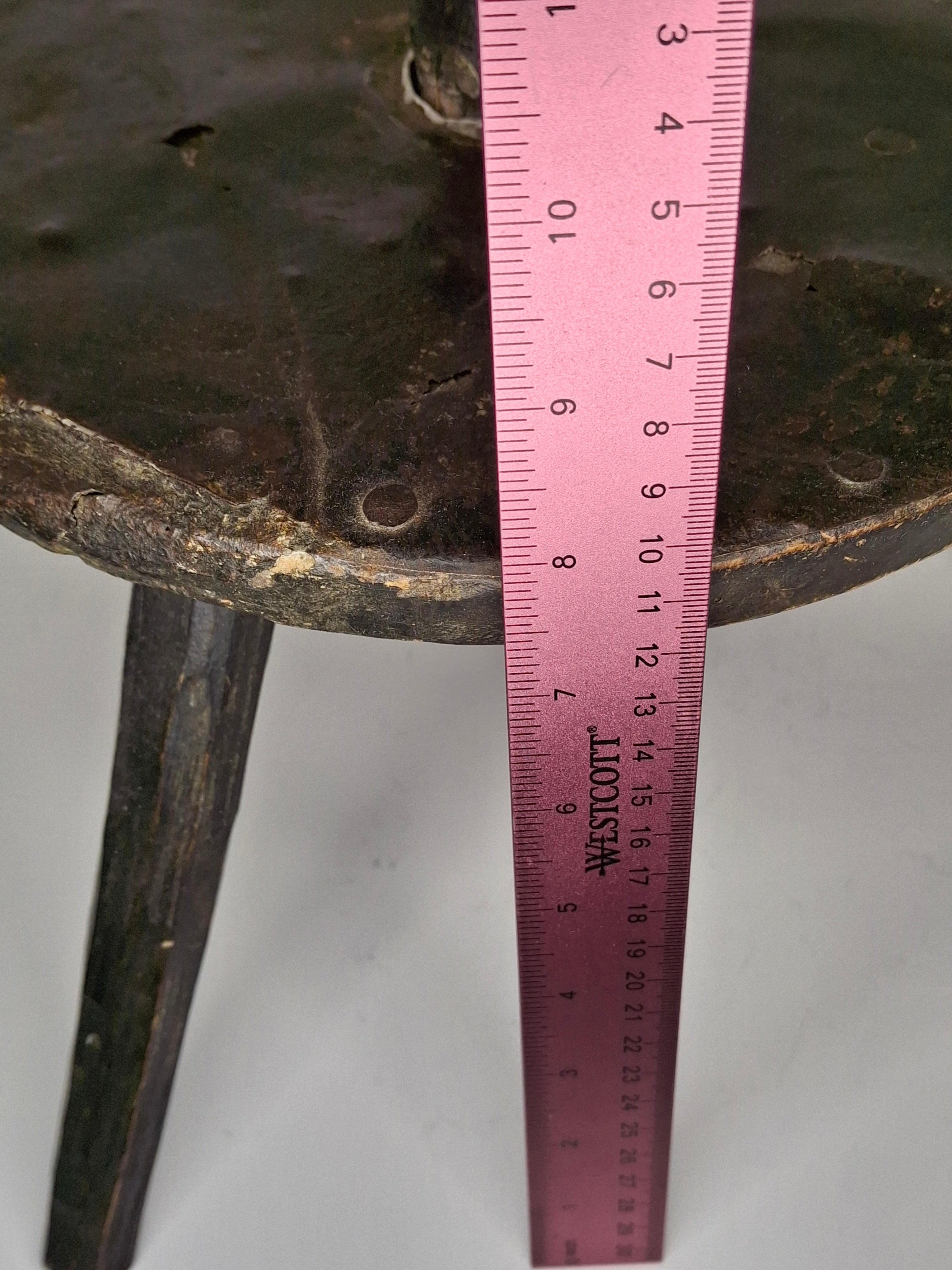 Extremely Rare Circa 17th Century English/American Primitive Wrought Iron Rushlight Holder on Wooden Tripod Base with Circular, Leather Wrapped 'Table,' Ball Counterweight - Museum Quality Lighting Artifact