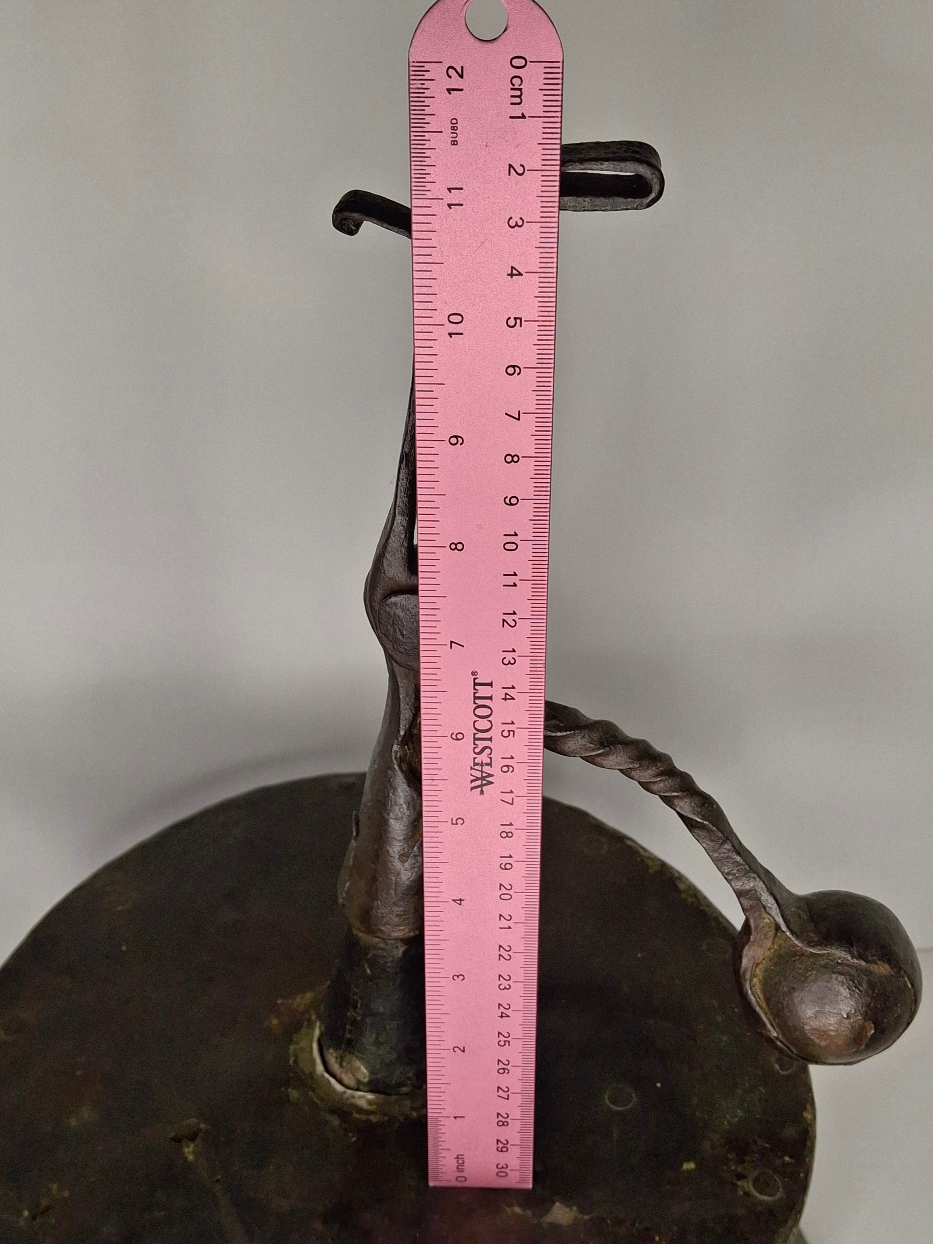 Extremely Rare Circa 17th Century English/American Primitive Wrought Iron Rushlight Holder on Wooden Tripod Base with Circular, Leather Wrapped 'Table,' Ball Counterweight - Museum Quality Lighting Artifact