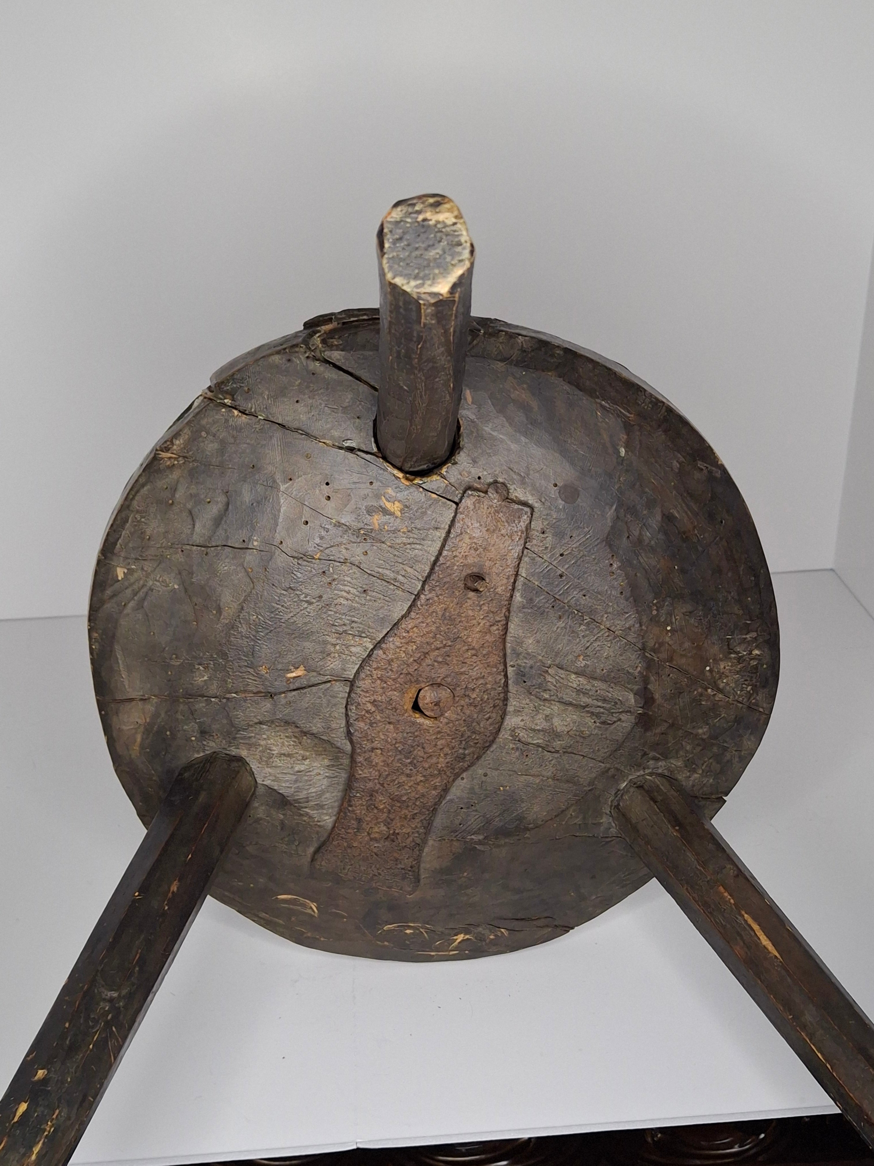 Extremely Rare Circa 17th Century English/American Primitive Wrought Iron Rushlight Holder on Wooden Tripod Base with Circular, Leather Wrapped 'Table,' Ball Counterweight - Museum Quality Lighting Artifact
