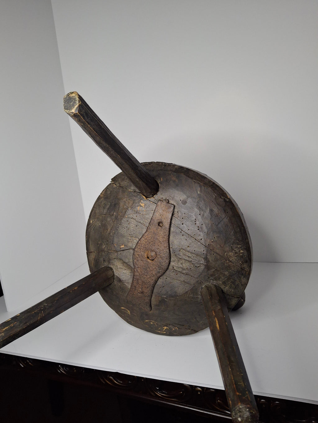 Extremely Rare Circa 17th Century English/American Primitive Wrought Iron Rushlight Holder on Wooden Tripod Base with Circular, Leather Wrapped 'Table,' Ball Counterweight - Museum Quality Lighting Artifact