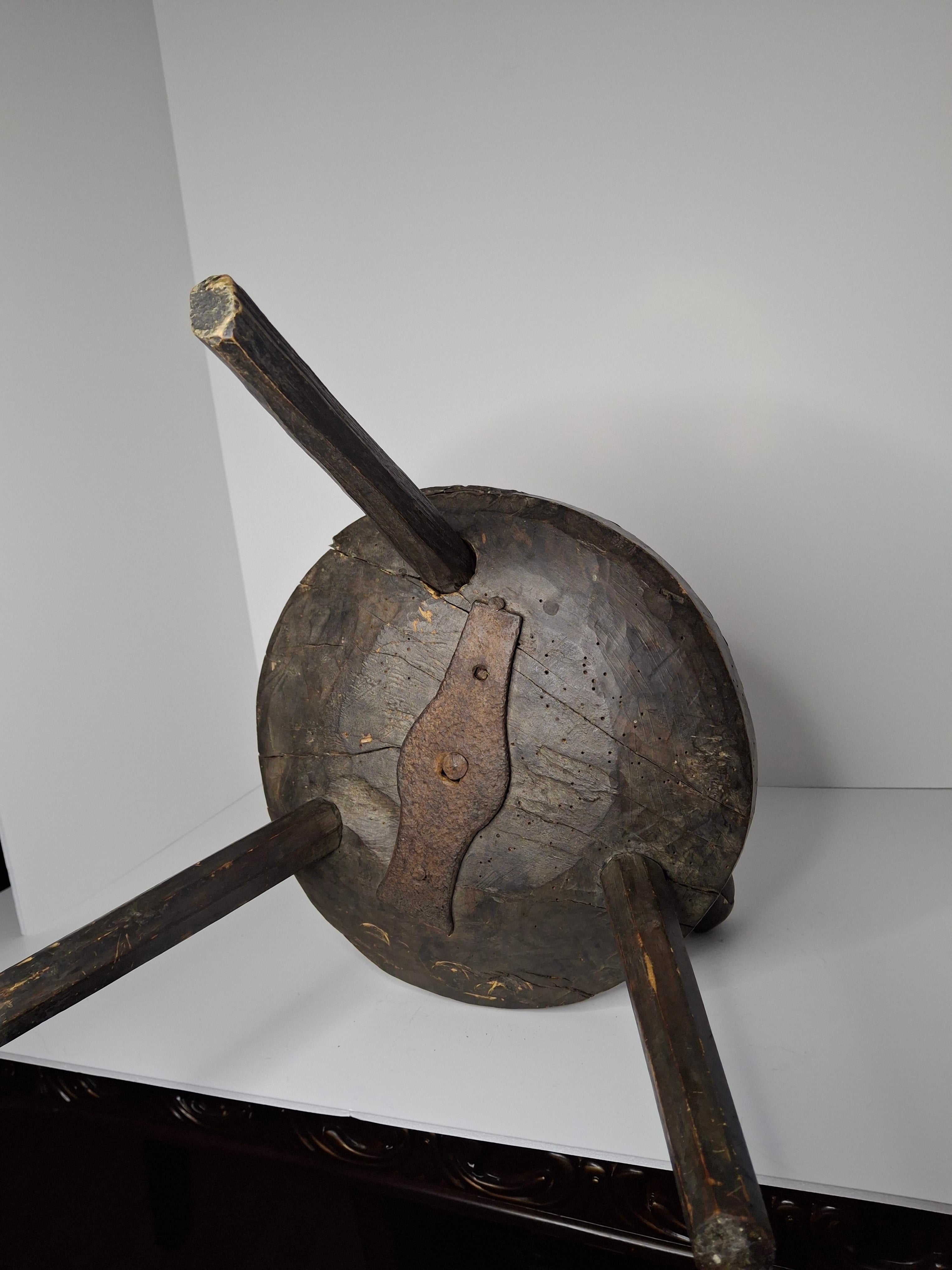 Extremely Rare Circa 17th Century English/American Primitive Wrought Iron Rushlight Holder on Wooden Tripod Base with Circular, Leather Wrapped 'Table,' Ball Counterweight - Museum Quality Lighting Artifact