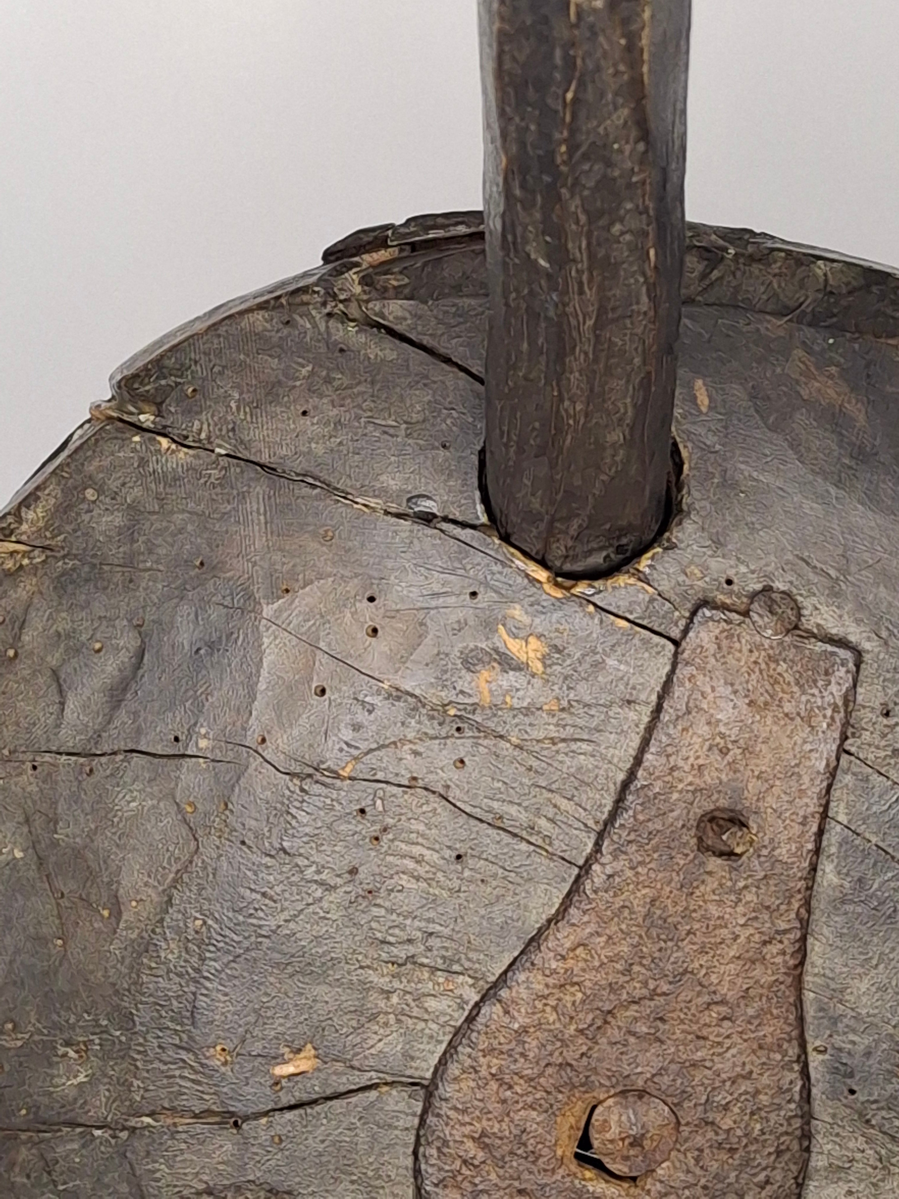 Extremely Rare Circa 17th Century English/American Primitive Wrought Iron Rushlight Holder on Wooden Tripod Base with Circular, Leather Wrapped 'Table,' Ball Counterweight - Museum Quality Lighting Artifact