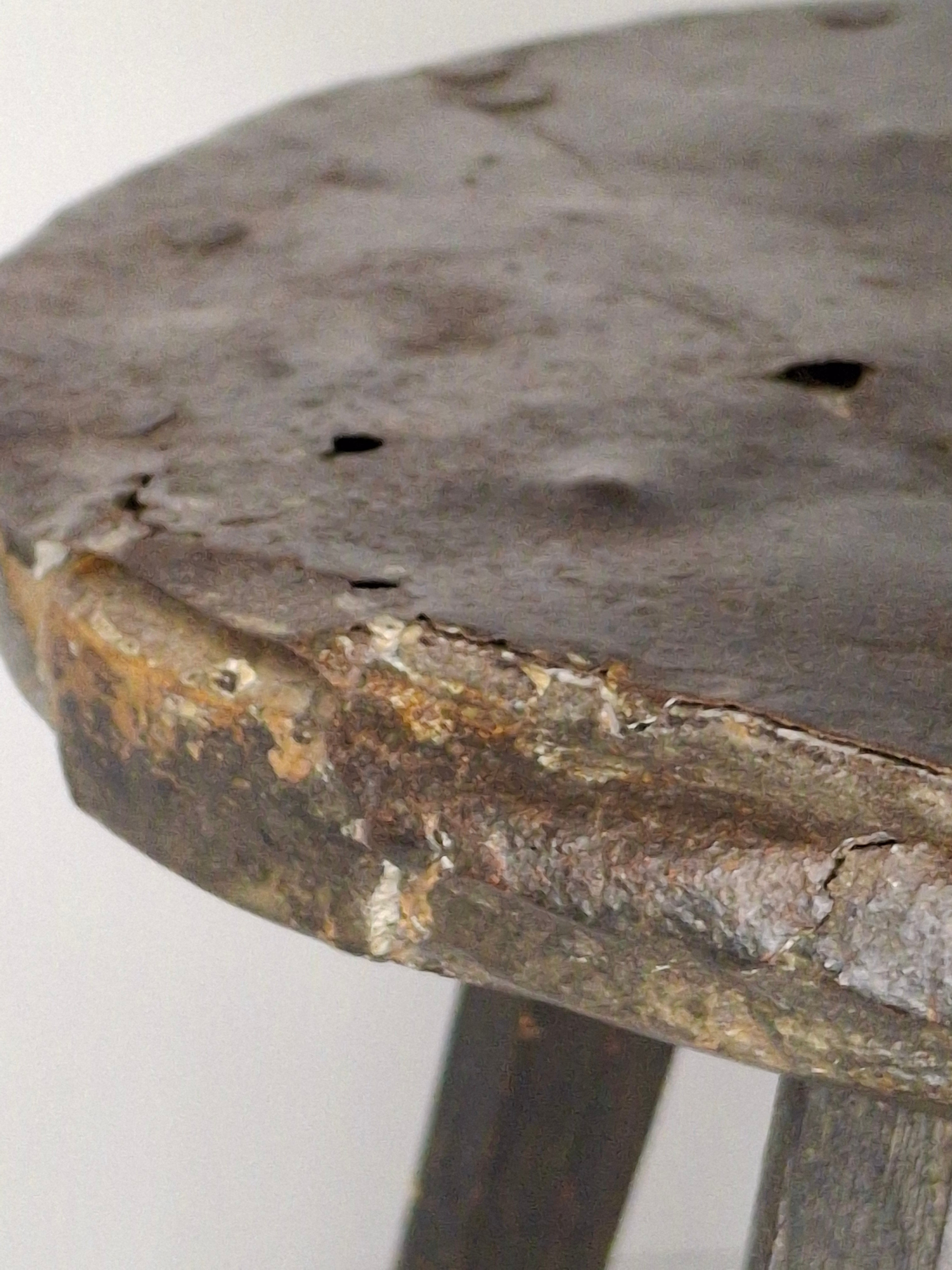 Extremely Rare Circa 17th Century English/American Primitive Wrought Iron Rushlight Holder on Wooden Tripod Base with Circular, Leather Wrapped 'Table,' Ball Counterweight - Museum Quality Lighting Artifact