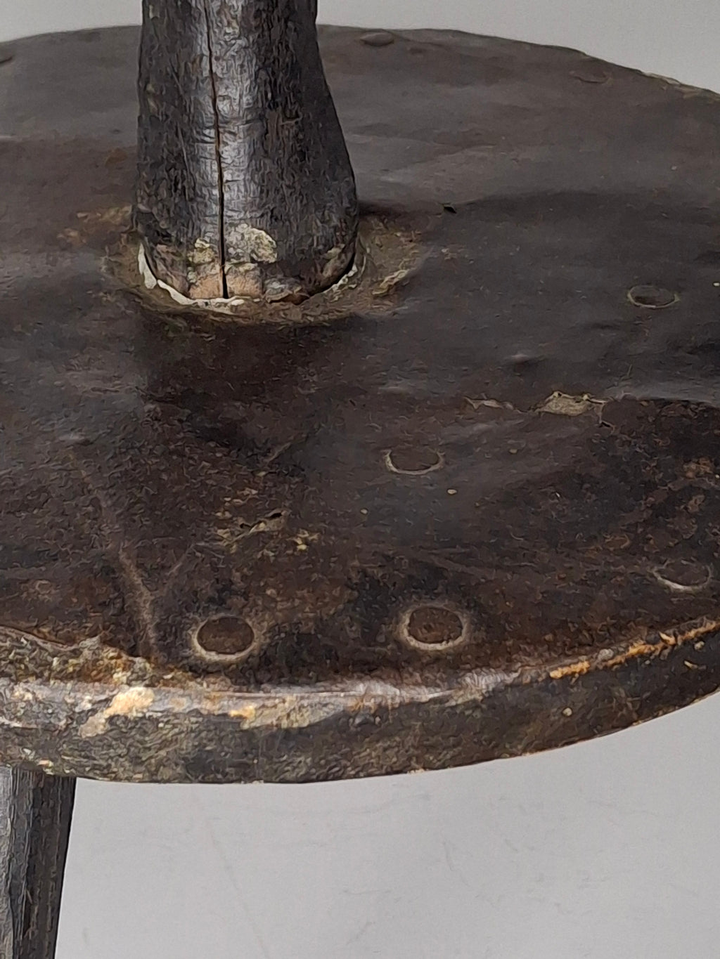 Extremely Rare Circa 17th Century English/American Primitive Wrought Iron Rushlight Holder on Wooden Tripod Base with Circular, Leather Wrapped 'Table,' Ball Counterweight - Museum Quality Lighting Artifact