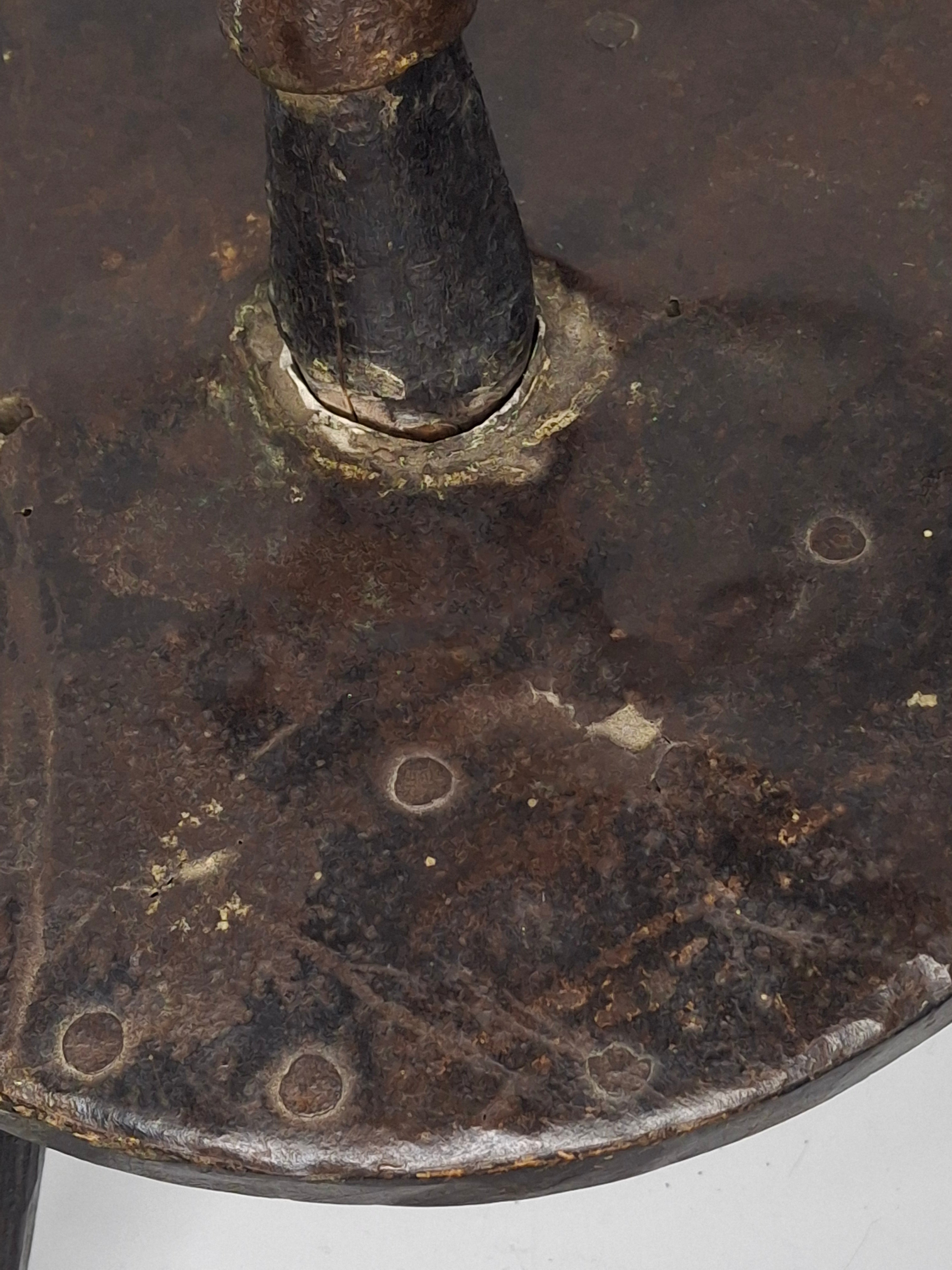 Extremely Rare Circa 17th Century English/American Primitive Wrought Iron Rushlight Holder on Wooden Tripod Base with Circular, Leather Wrapped 'Table,' Ball Counterweight - Museum Quality Lighting Artifact