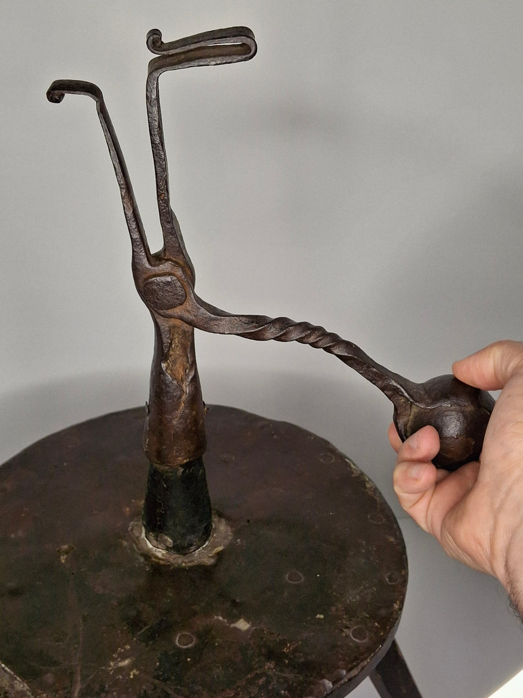 Extremely Rare Circa 17th Century English/American Primitive Wrought Iron Rushlight Holder on Wooden Tripod Base with Circular, Leather Wrapped 'Table,' Ball Counterweight - Museum Quality Lighting Artifact