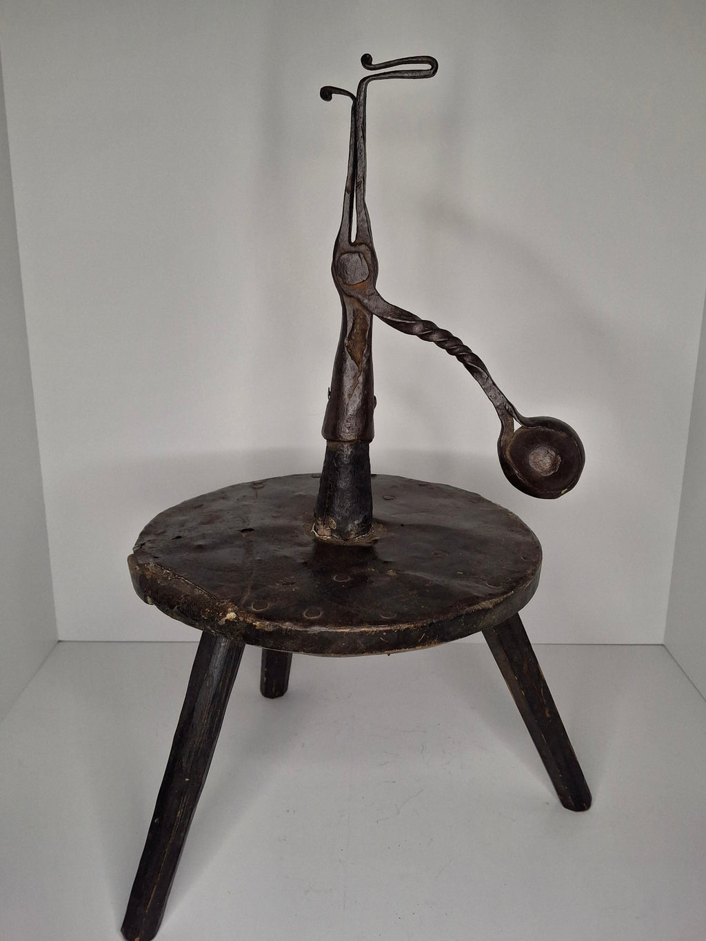 Extremely Rare Circa 17th Century English/American Primitive Wrought Iron Rushlight Holder on Wooden Tripod Base with Circular, Leather Wrapped 'Table,' Ball Counterweight - Museum Quality Lighting Artifact