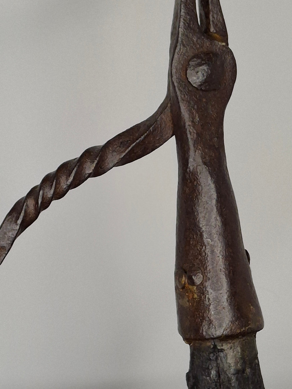 Extremely Rare Circa 17th Century English/American Primitive Wrought Iron Rushlight Holder on Wooden Tripod Base with Circular, Leather Wrapped 'Table,' Ball Counterweight - Museum Quality Lighting Artifact