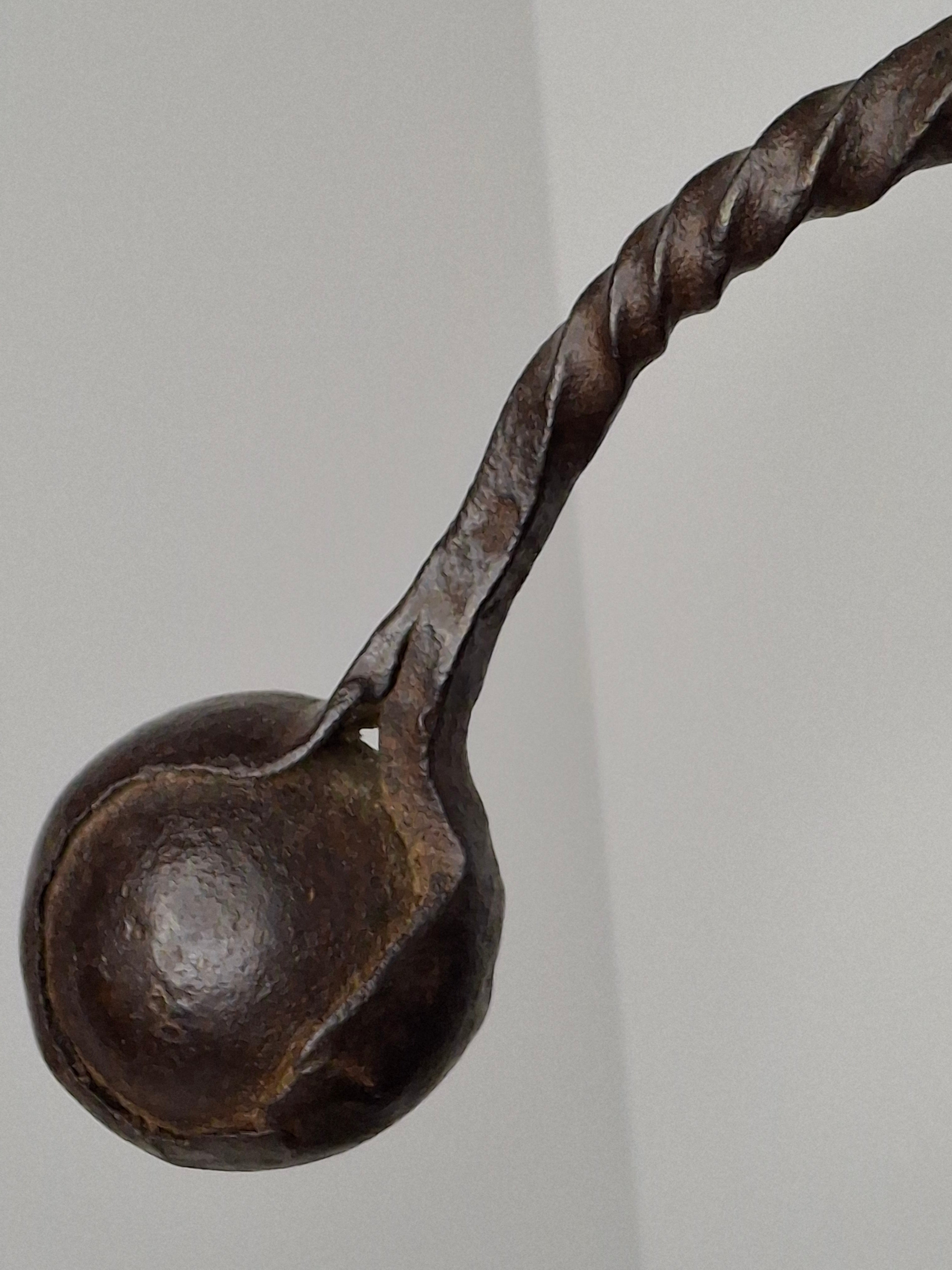 Extremely Rare Circa 17th Century English/American Primitive Wrought Iron Rushlight Holder on Wooden Tripod Base with Circular, Leather Wrapped 'Table,' Ball Counterweight - Museum Quality Lighting Artifact