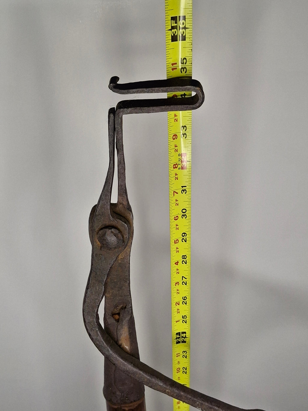 Exceptional and Rare Early American Wrought Iron Standing Rushlight / Splint Holder on Original Turned Wood Base – c.1780-1820 New England