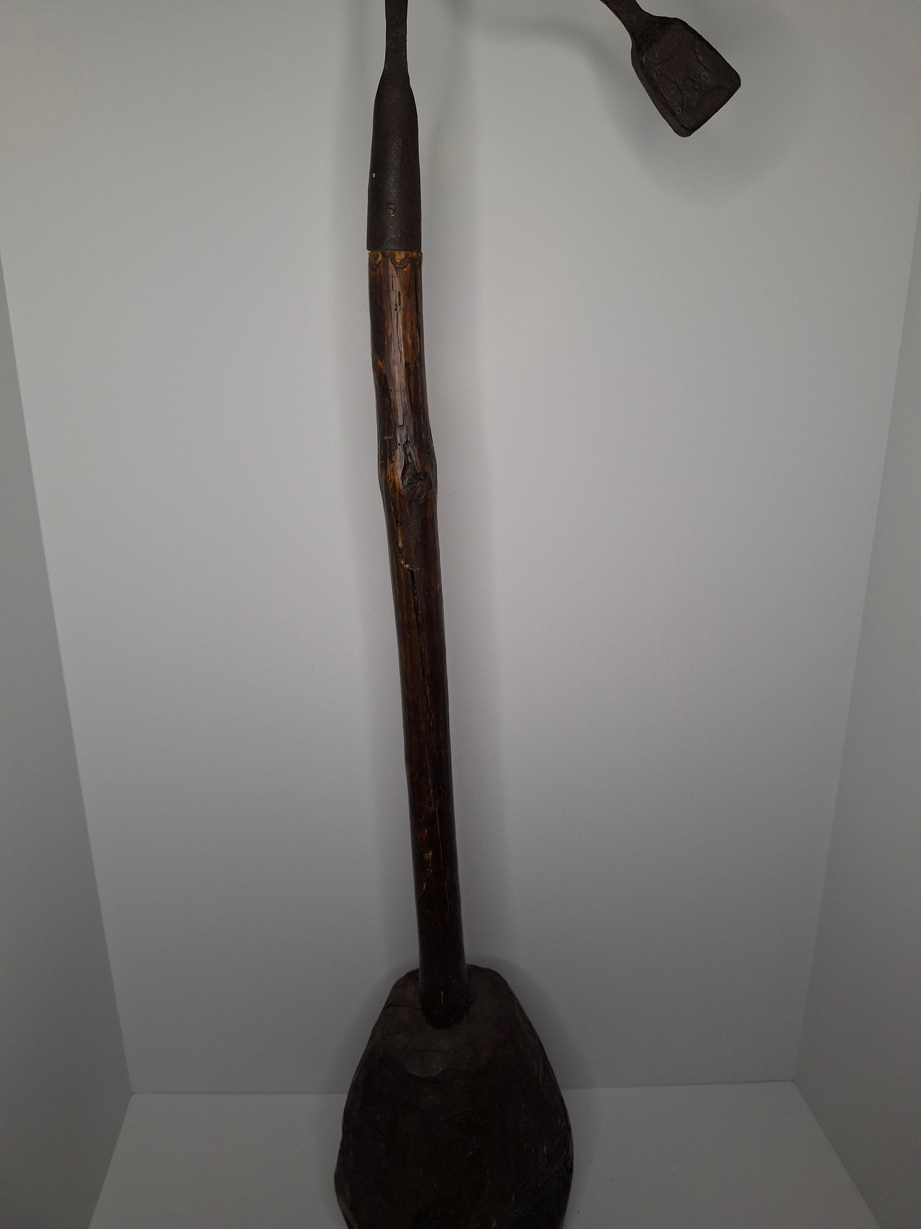 Exceptional 18th Century British Wrought Iron Rushlight Splint Holder w/Stylized Lozenge Registry Hallmark & Original Wooden Stump Base – Tall Primitive Lighting