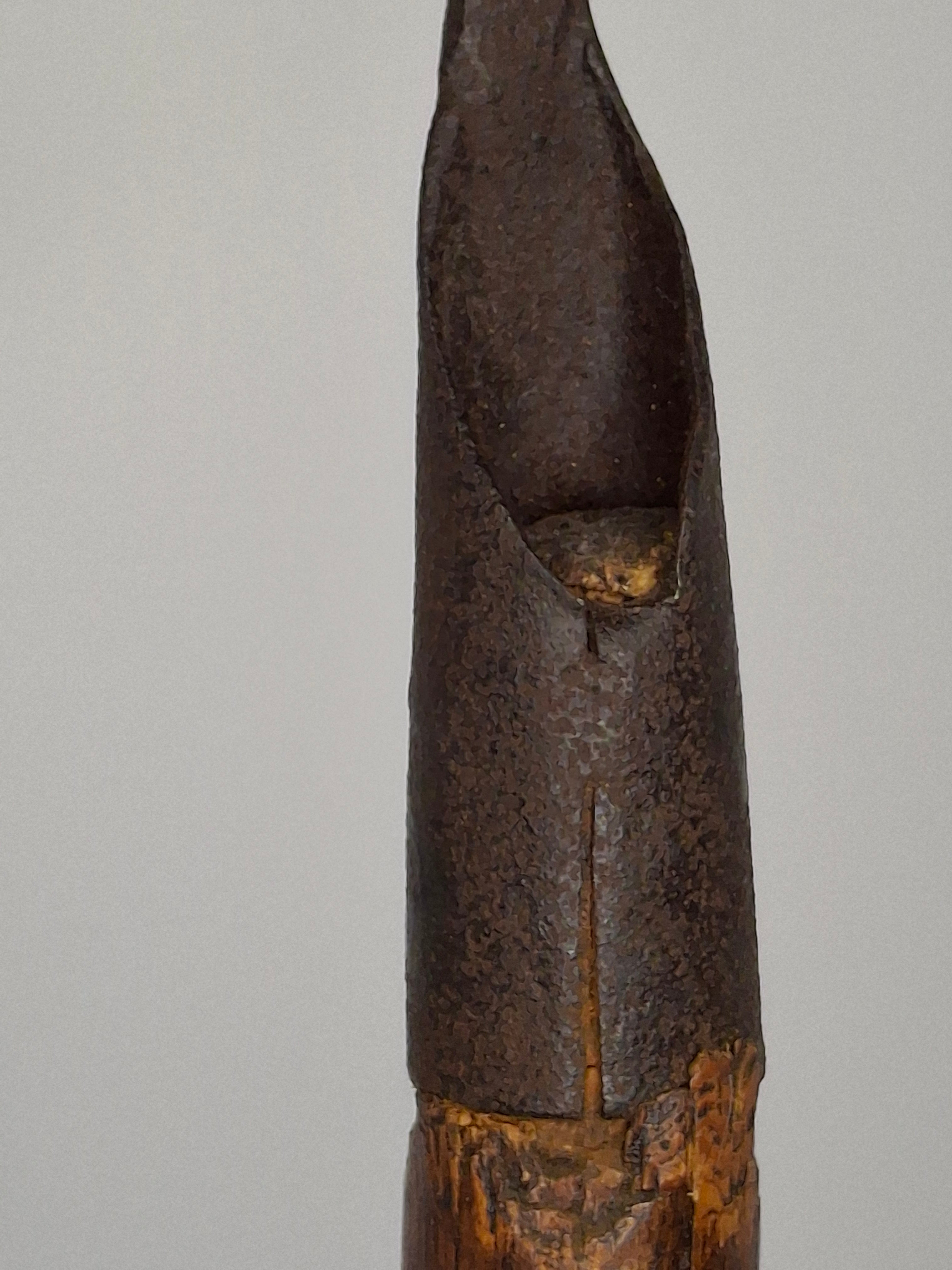 Exceptional 18th Century British Wrought Iron Rushlight Splint Holder w/Stylized Lozenge Registry Hallmark & Original Wooden Stump Base – Tall Primitive Lighting