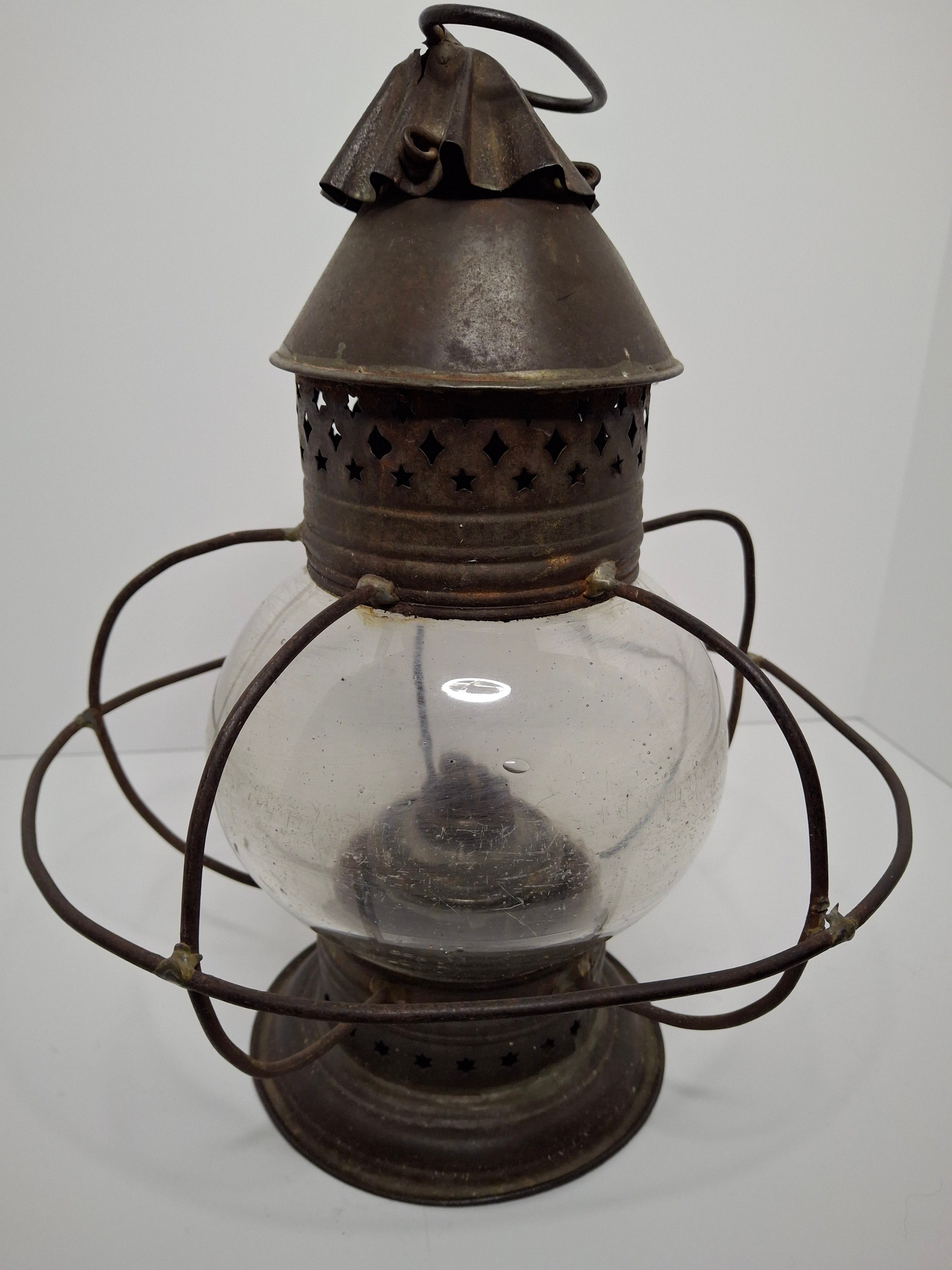 Antique 19th Century Whale Oil Onion Glass Nautical Ship Lantern - Hanging Maritime Lamp c.1840-1870