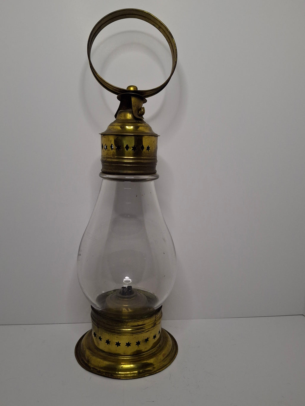 Rare Circa 1850s American Brass Double Whale Oil Burner Railroad Conductor Signal Lantern w/ Star-Perforated Collar & Blown Glass Globe