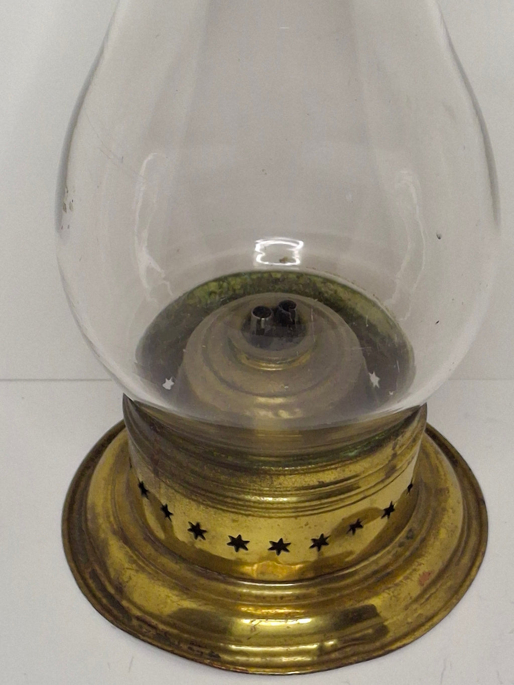 Rare Circa 1850s American Brass Double Whale Oil Burner Railroad Conductor Signal Lantern w/ Star-Perforated Collar & Blown Glass Globe