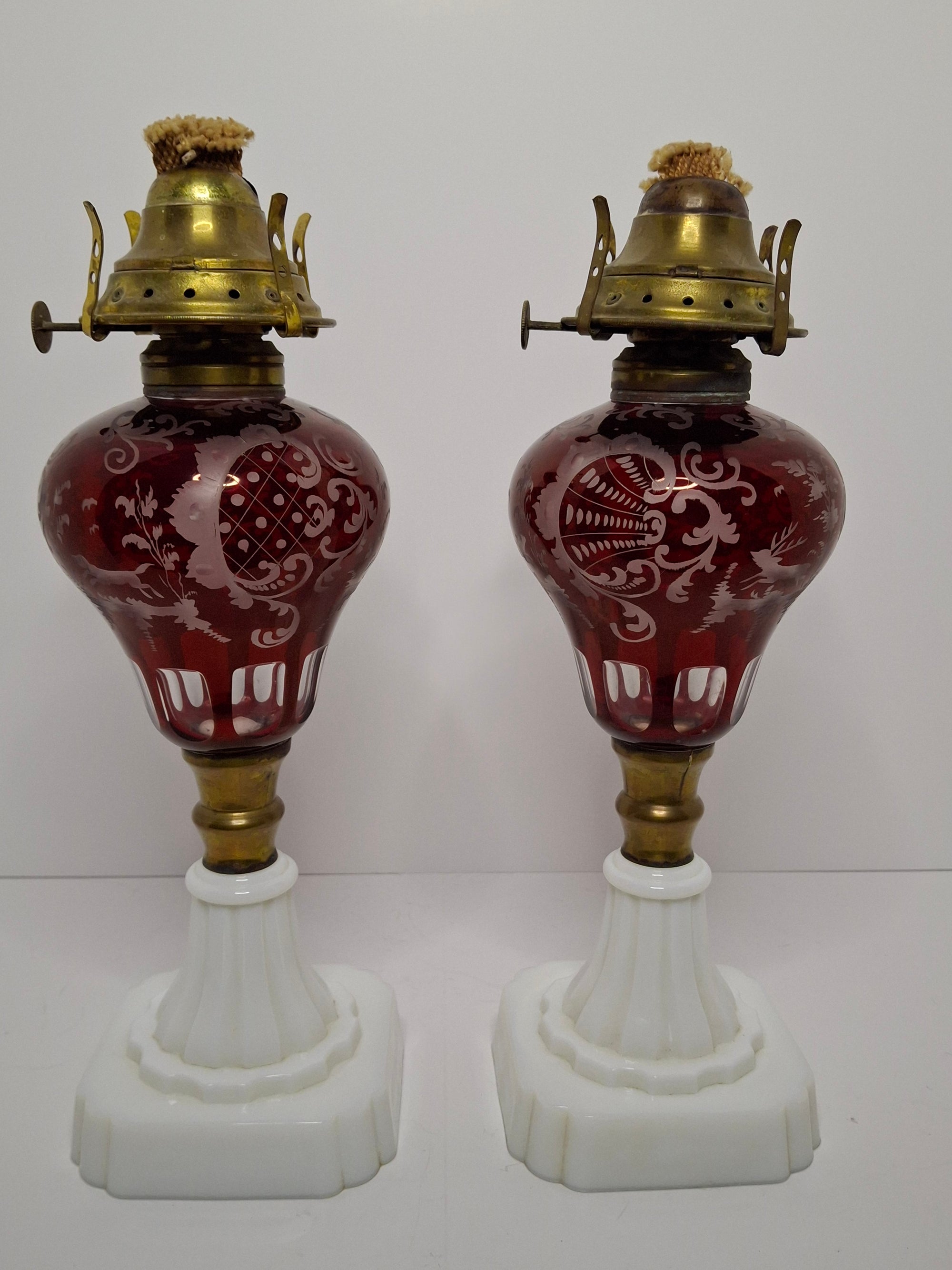 Stunning Matched Pair Antique Victorian Cranberry Engraved Glass Kerosene Lamps w/ Milk Glass Bases - Circa 1890