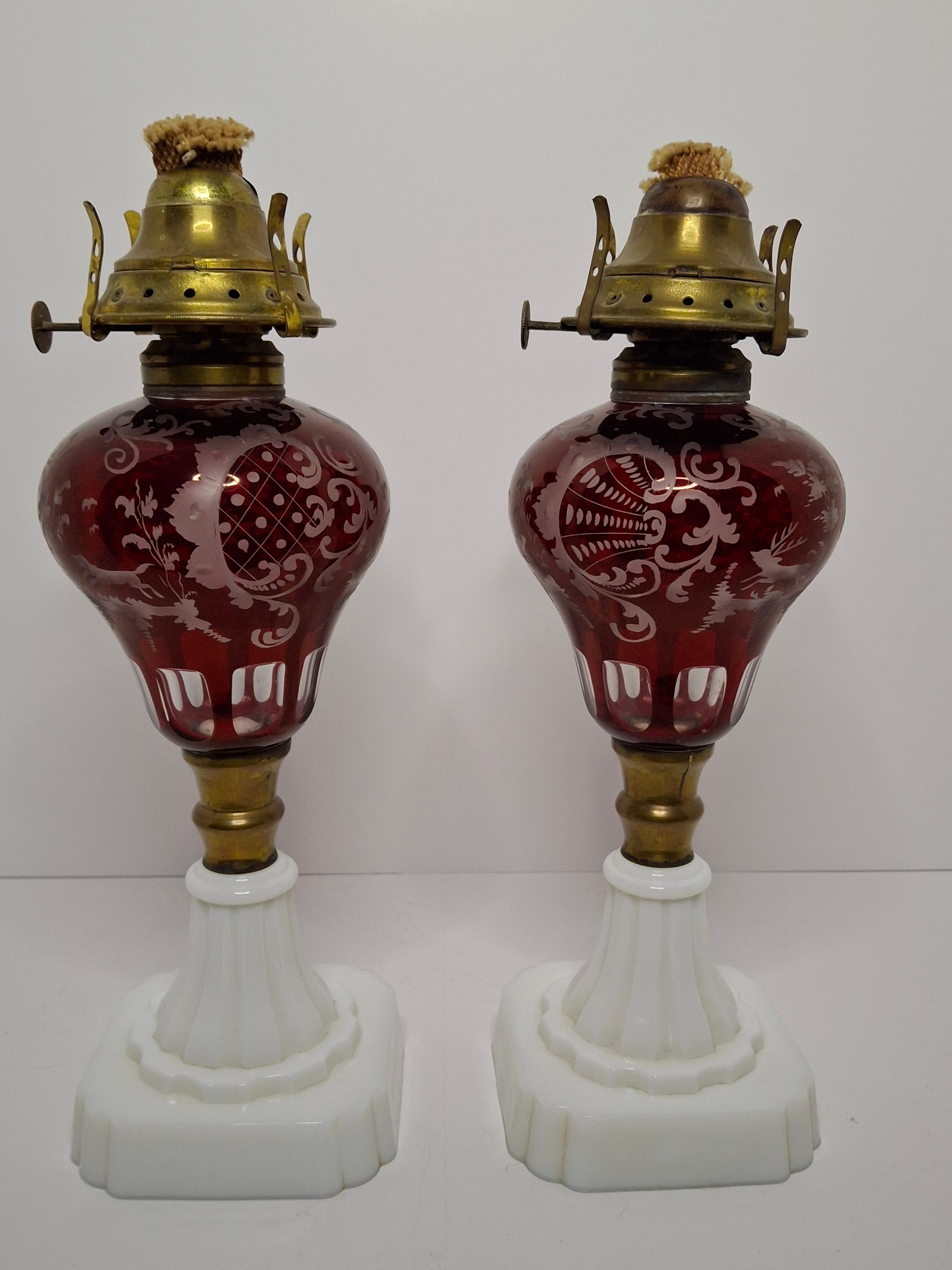 Stunning Matched Pair Antique Victorian Cranberry Engraved Glass Kerosene Lamps w/ Milk Glass Bases - Circa 1890