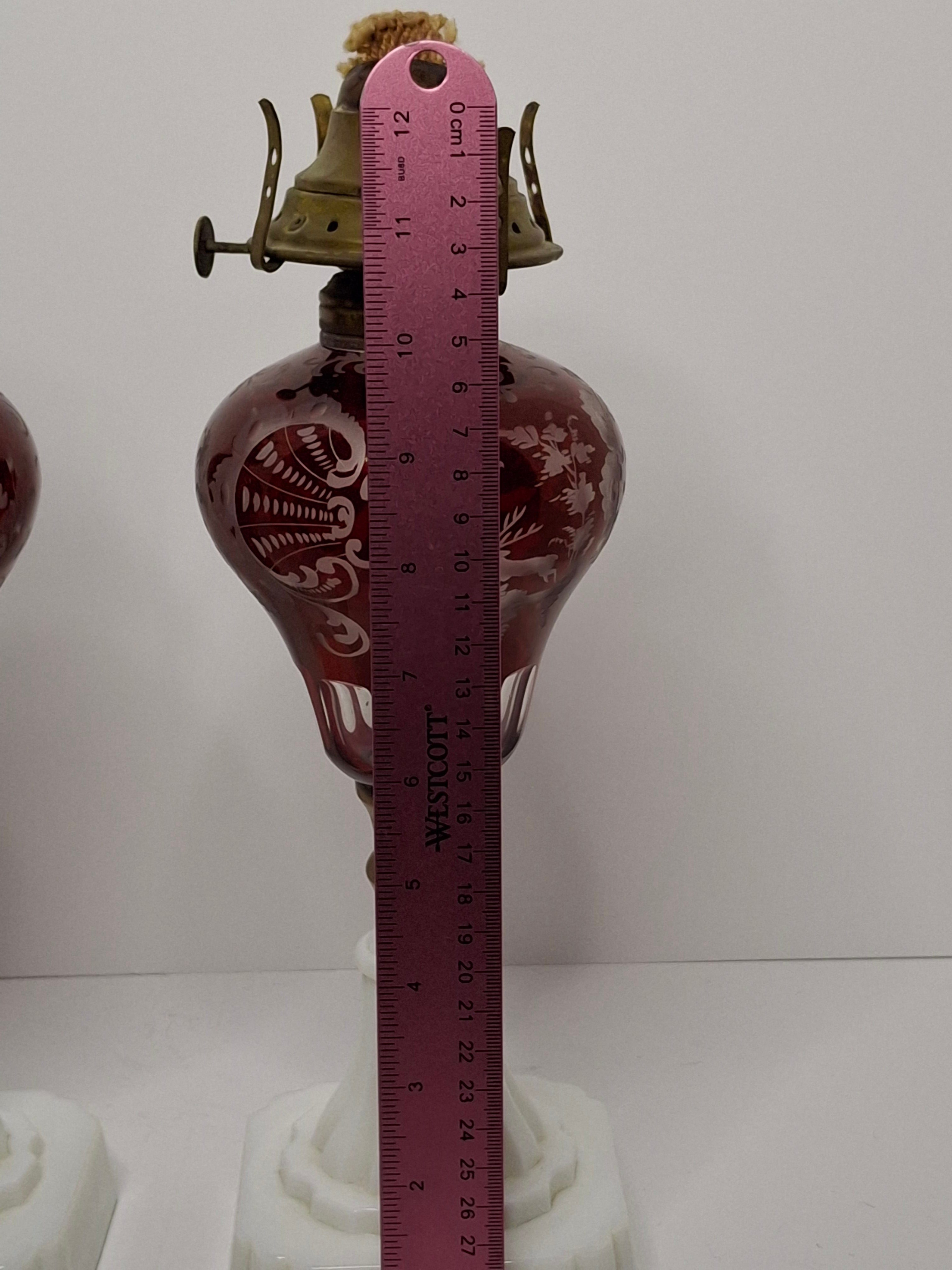 Stunning Matched Pair Antique Victorian Cranberry Engraved Glass Kerosene Lamps w/ Milk Glass Bases - Circa 1890