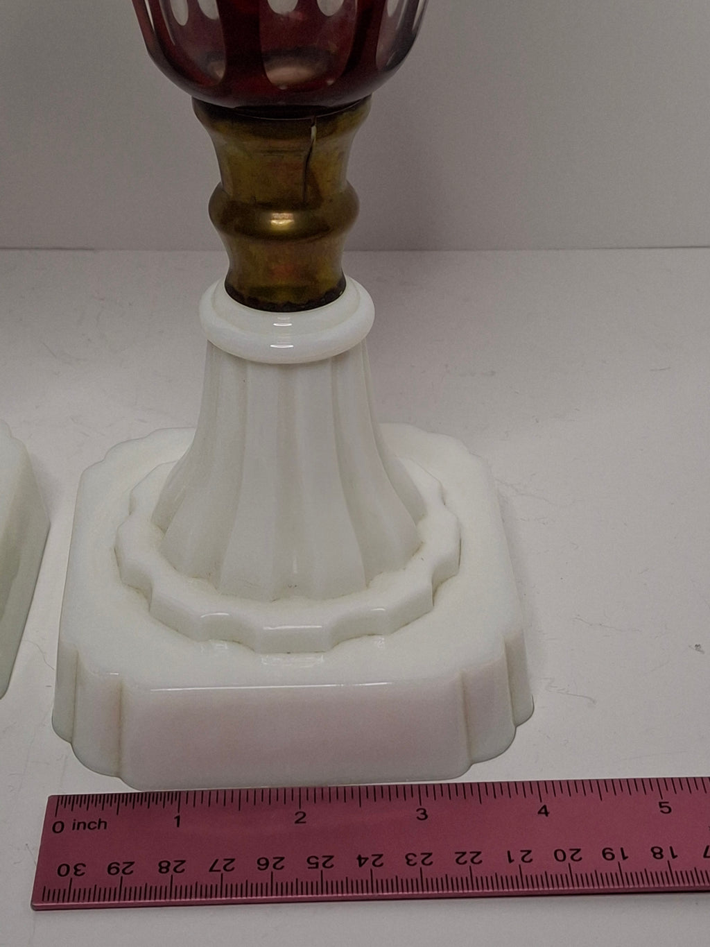 Stunning Matched Pair Antique Victorian Cranberry Engraved Glass Kerosene Lamps w/ Milk Glass Bases - Circa 1890