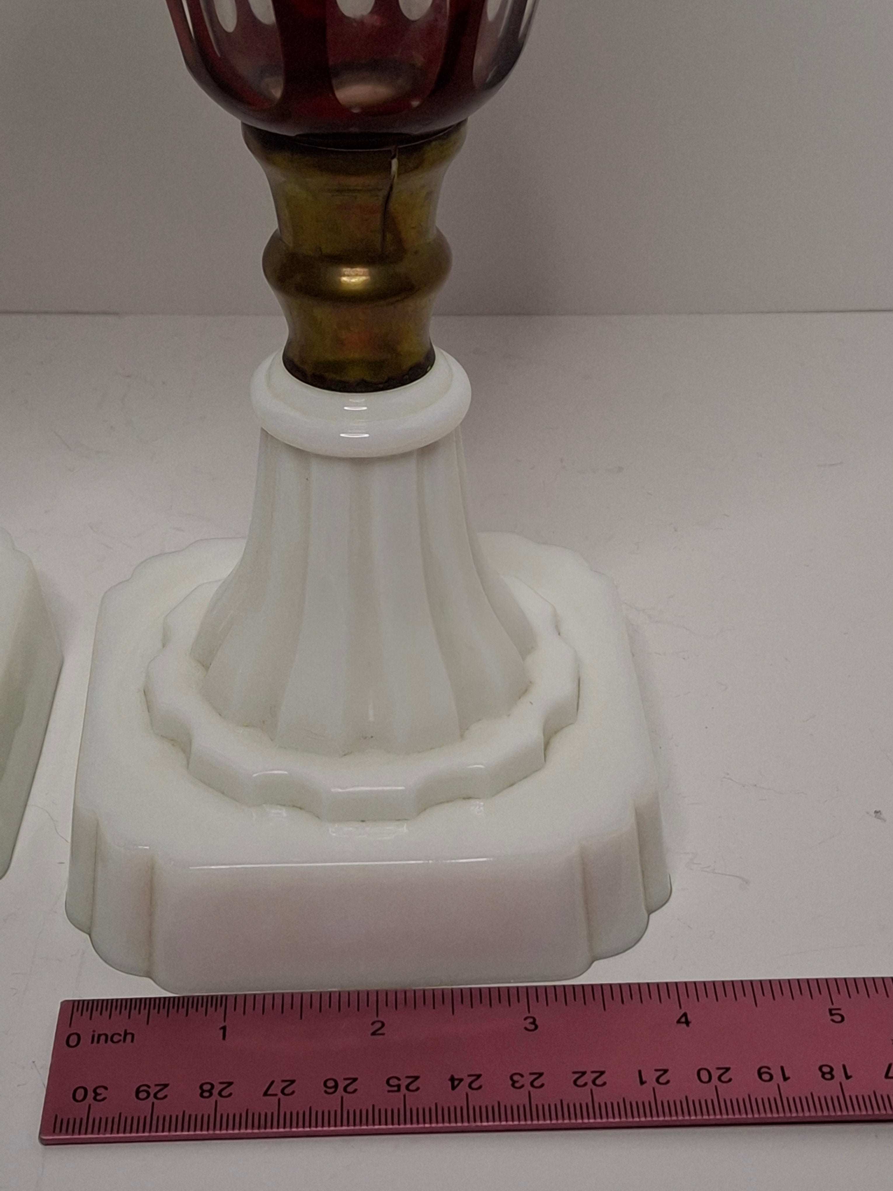 Stunning Matched Pair Antique Victorian Cranberry Engraved Glass Kerosene Lamps w/ Milk Glass Bases - Circa 1890