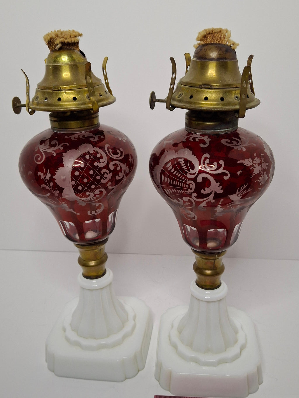 Stunning Matched Pair Antique Victorian Cranberry Engraved Glass Kerosene Lamps w/ Milk Glass Bases - Circa 1890