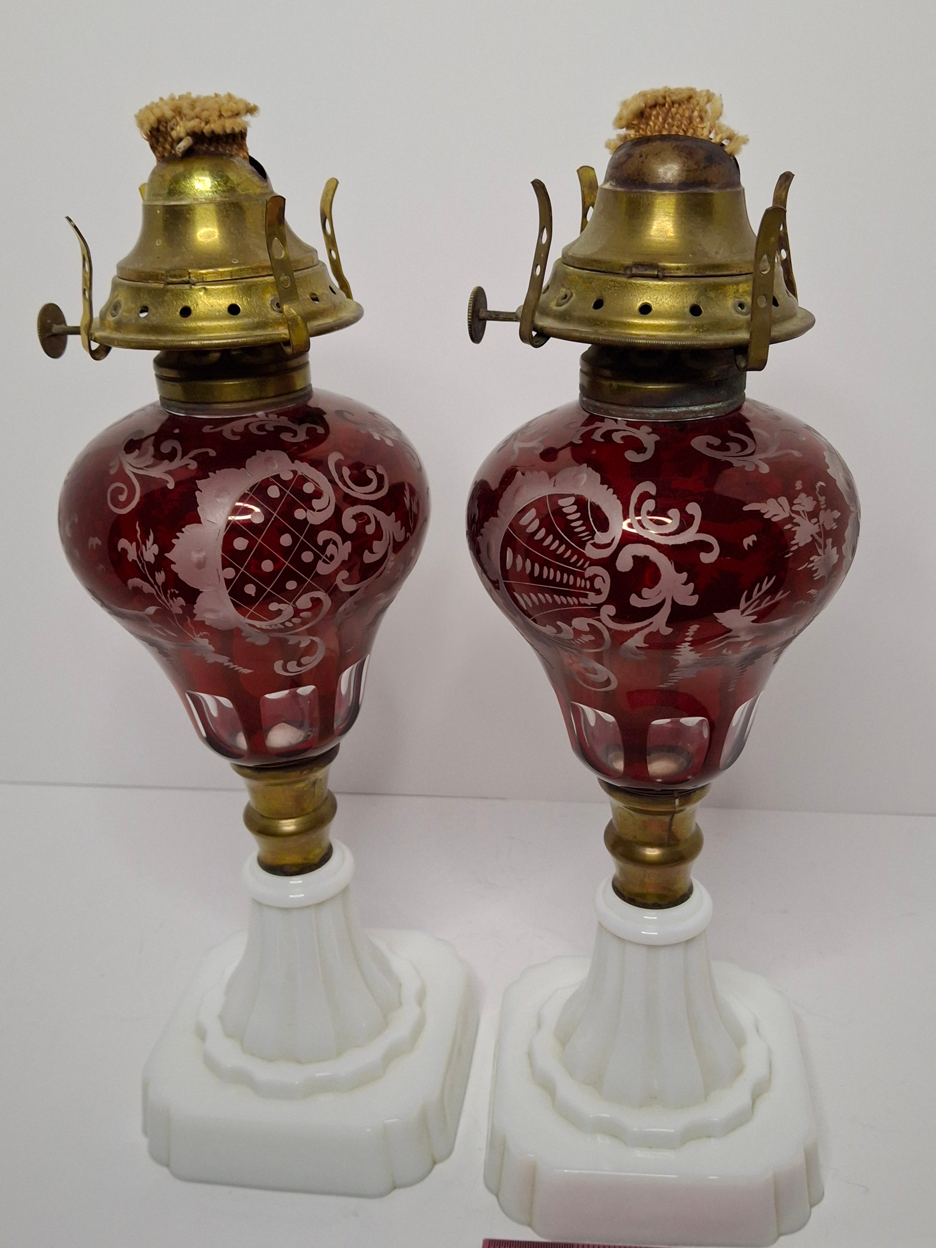Stunning Matched Pair Antique Victorian Cranberry Engraved Glass Kerosene Lamps w/ Milk Glass Bases - Circa 1890