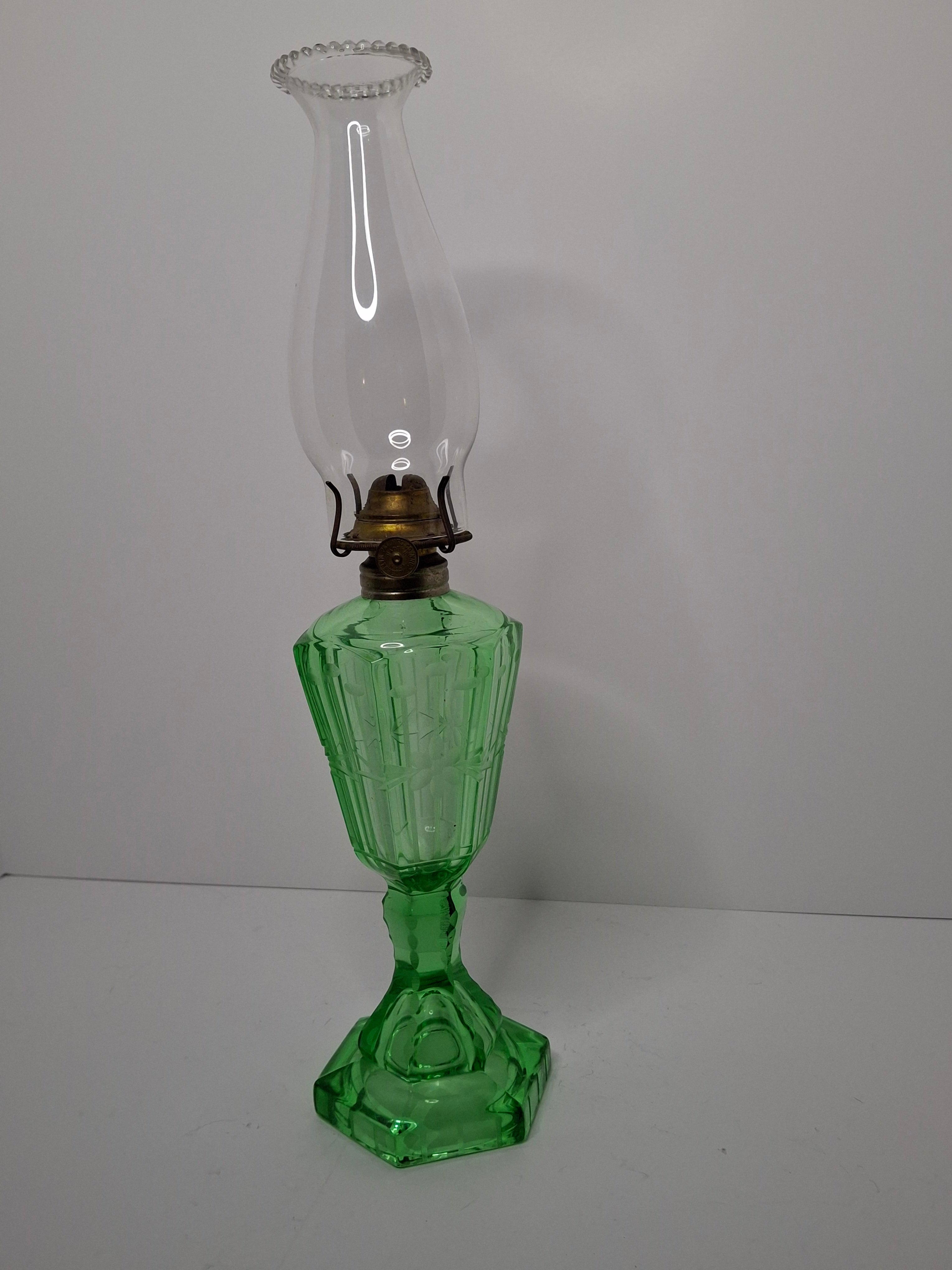 Antique Green EAPG Glass Kerosene Oil Lamp Wheel Cut Floral Etched 10" P&A Eagle