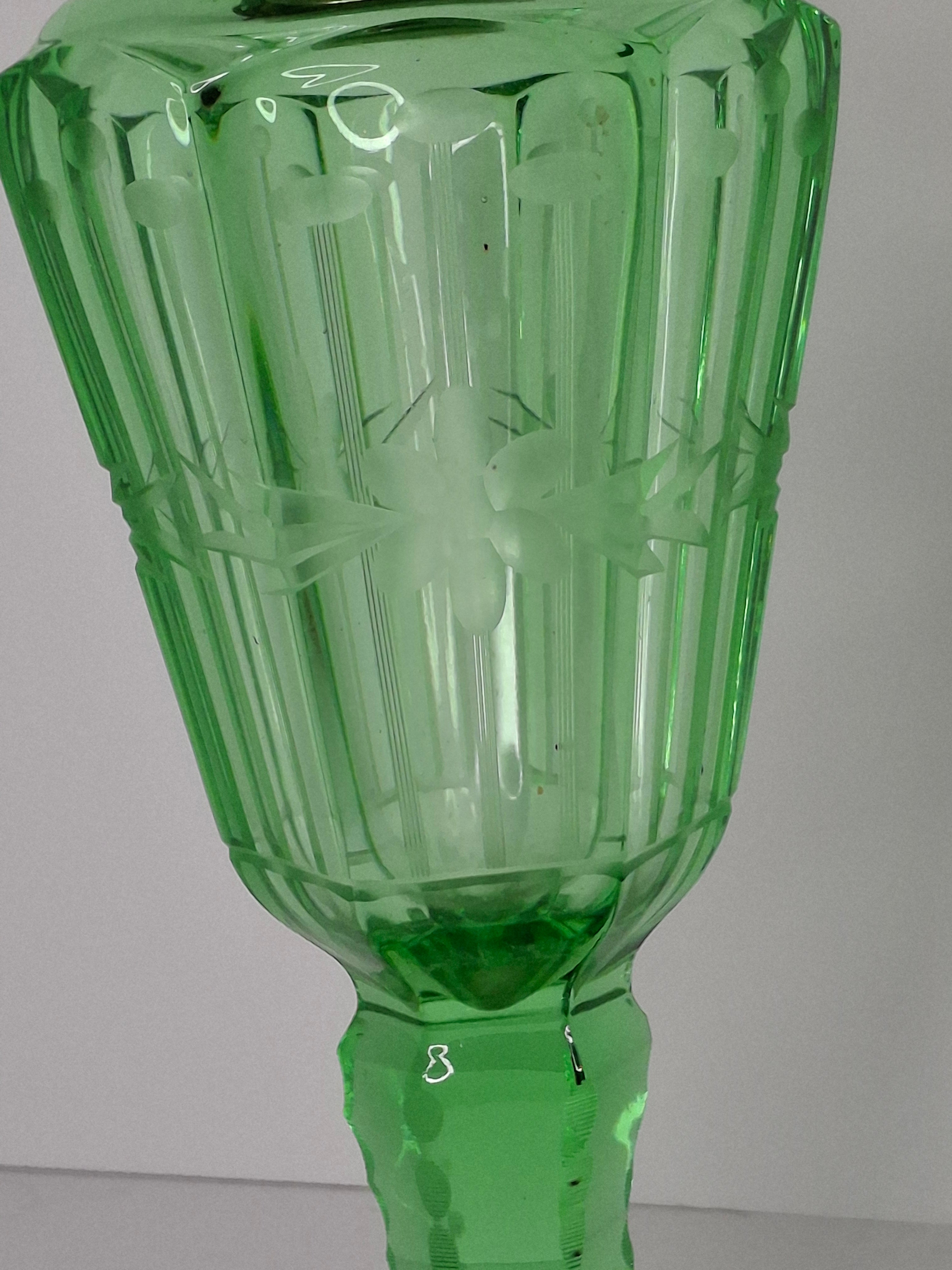 Antique Green EAPG Glass Kerosene Oil Lamp Wheel Cut Floral Etched 10" P&A Eagle