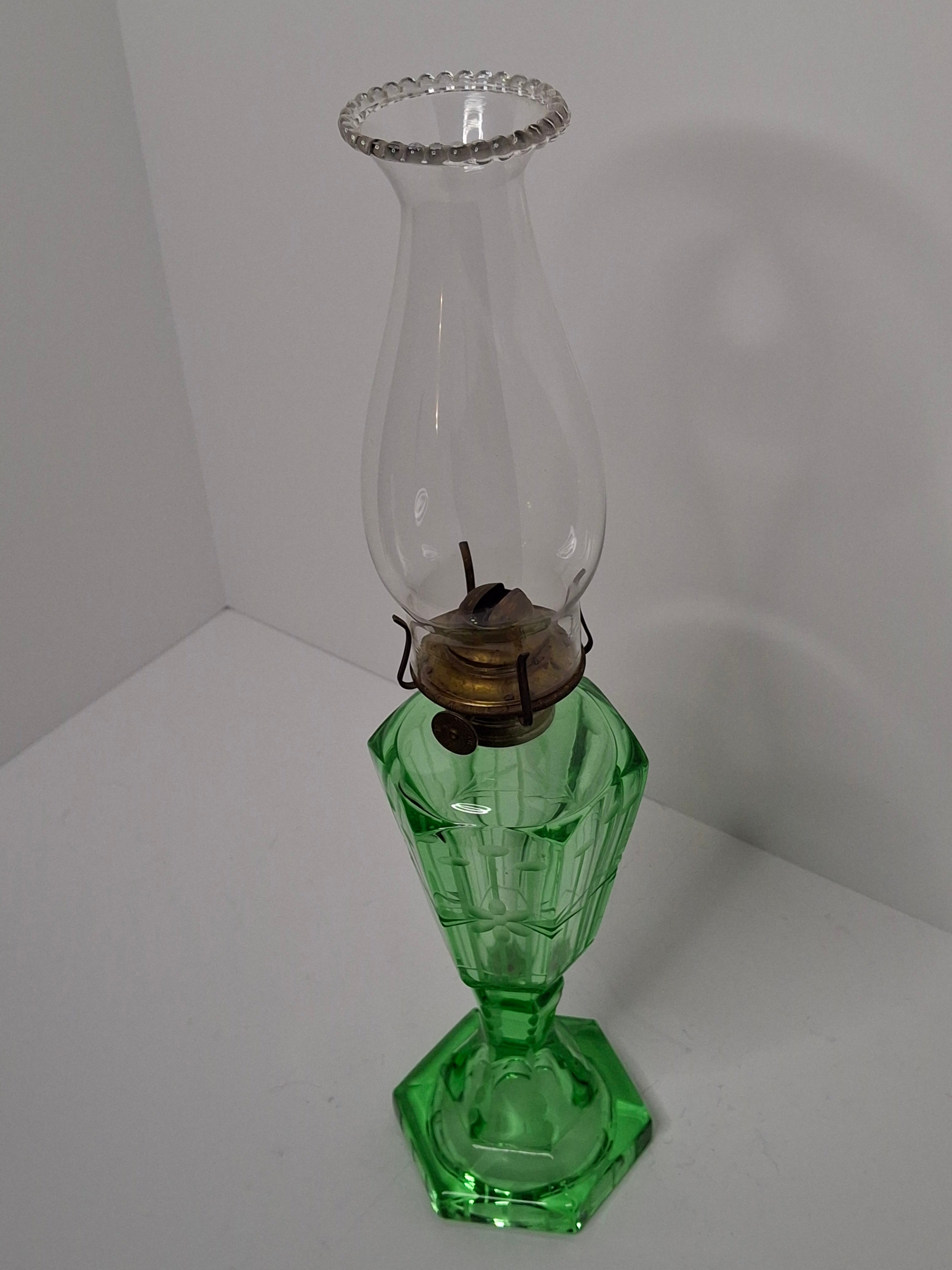 Antique Green EAPG Glass Kerosene Oil Lamp Wheel Cut Floral Etched 10" P&A Eagle