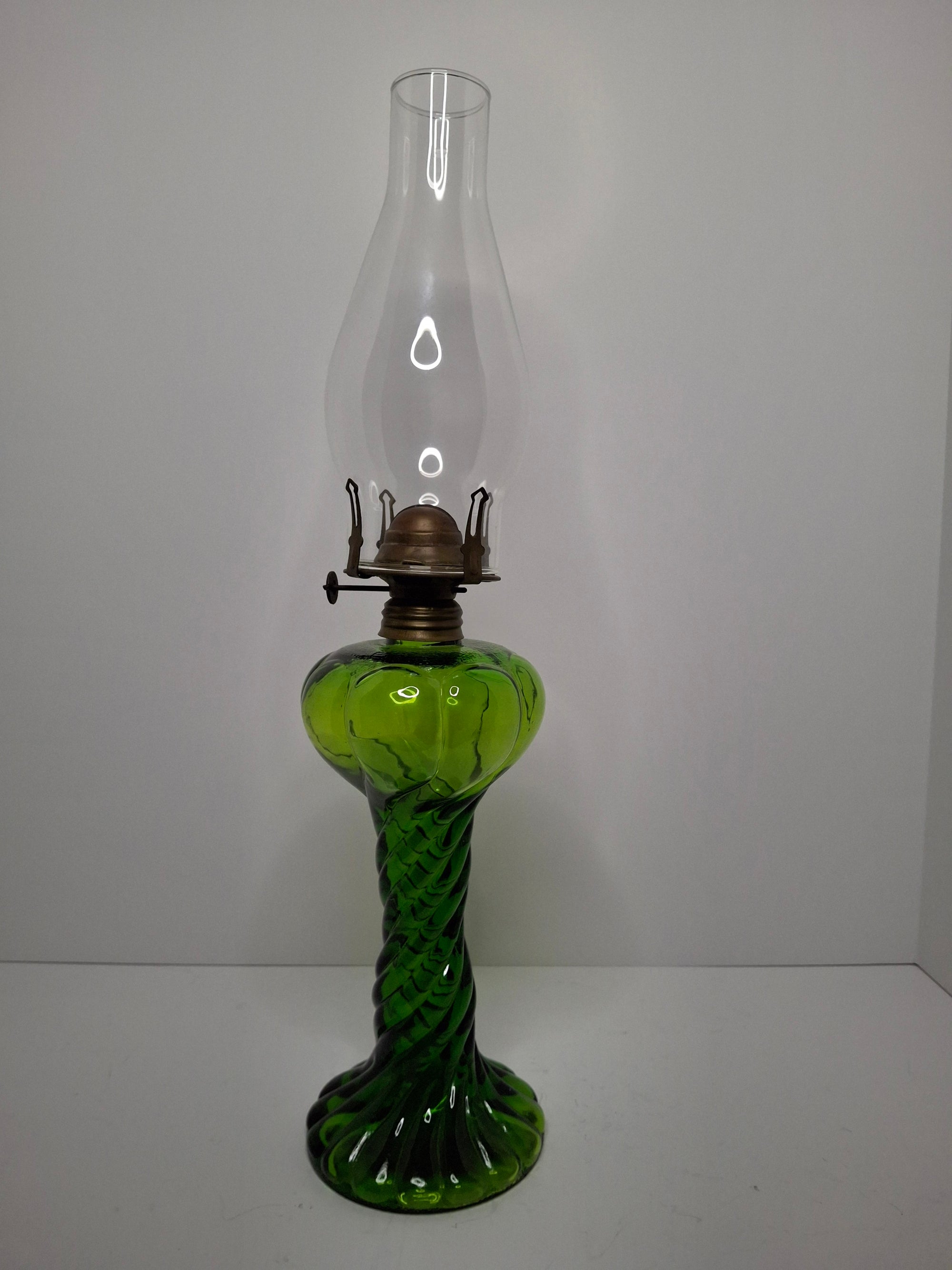 Antique Victorian Deep Emerald Green Twisted Pedestal Kerosene Oil Lamp c.1890 - Possibly Uranium Glass, Consolidated Style, Excellent Condition