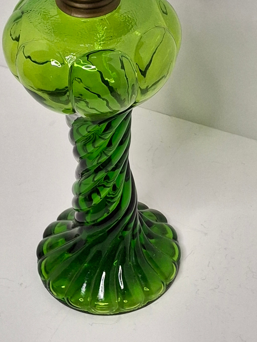 Antique Victorian Deep Emerald Green Twisted Pedestal Kerosene Oil Lamp c.1890 - Possibly Uranium Glass, Consolidated Style, Excellent Condition