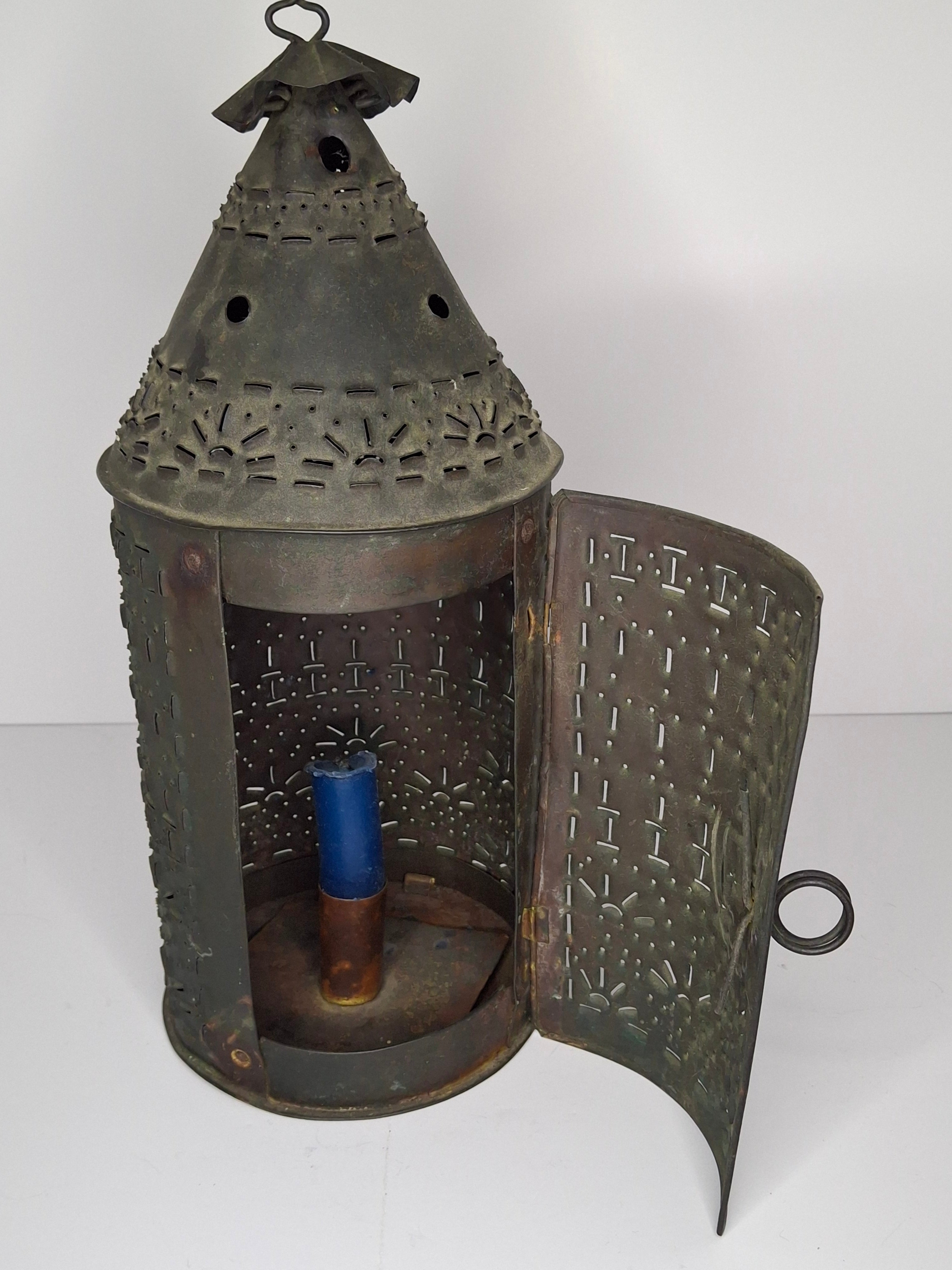 Antique 19th Century Pierced Tin Barn Candle Lantern Primitive Colonial