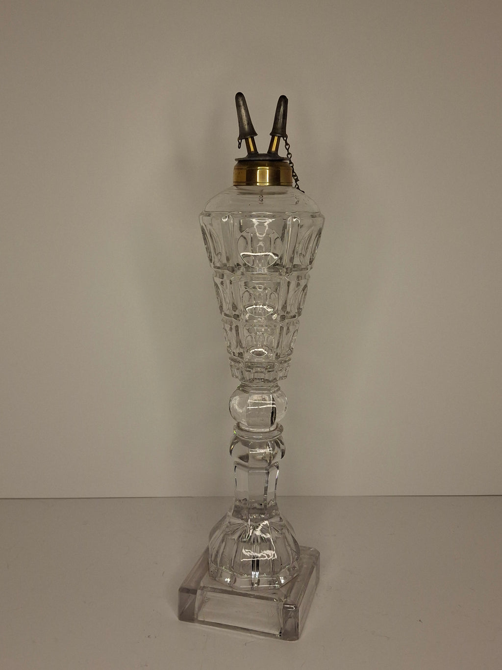 Tall Victorian Cut Glass Duplex Oil Lamp Brass Double Fluid Burner Snuff Caps c1880-1900