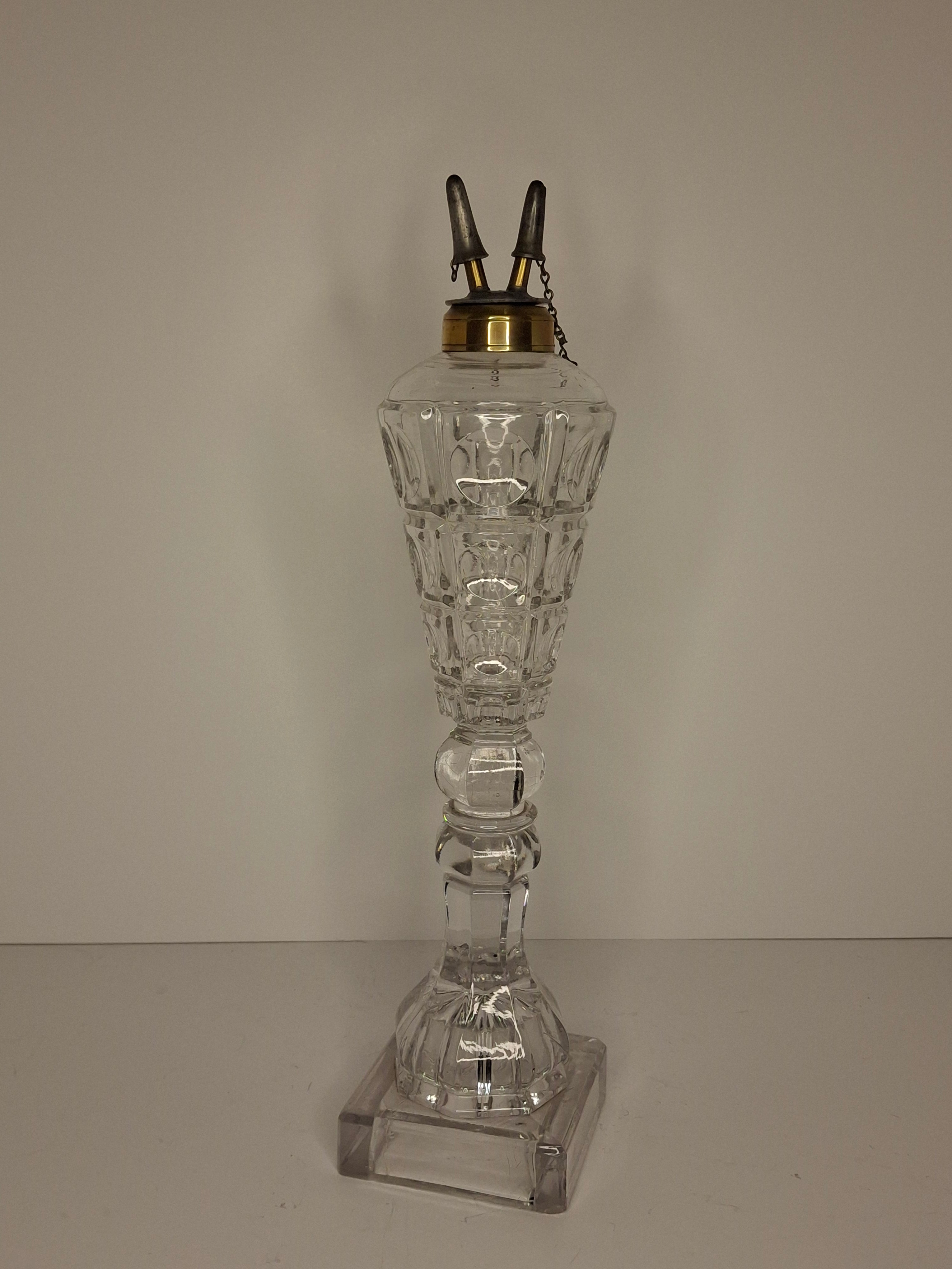 Tall Victorian Cut Glass Duplex Oil Lamp Brass Double Fluid Burner Snuff Caps c1880-1900