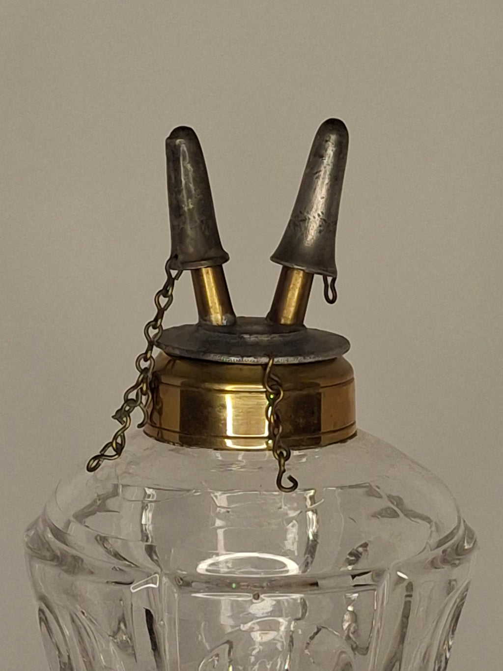 Tall Victorian Cut Glass Duplex Oil Lamp Brass Double Fluid Burner Snuff Caps c1880-1900