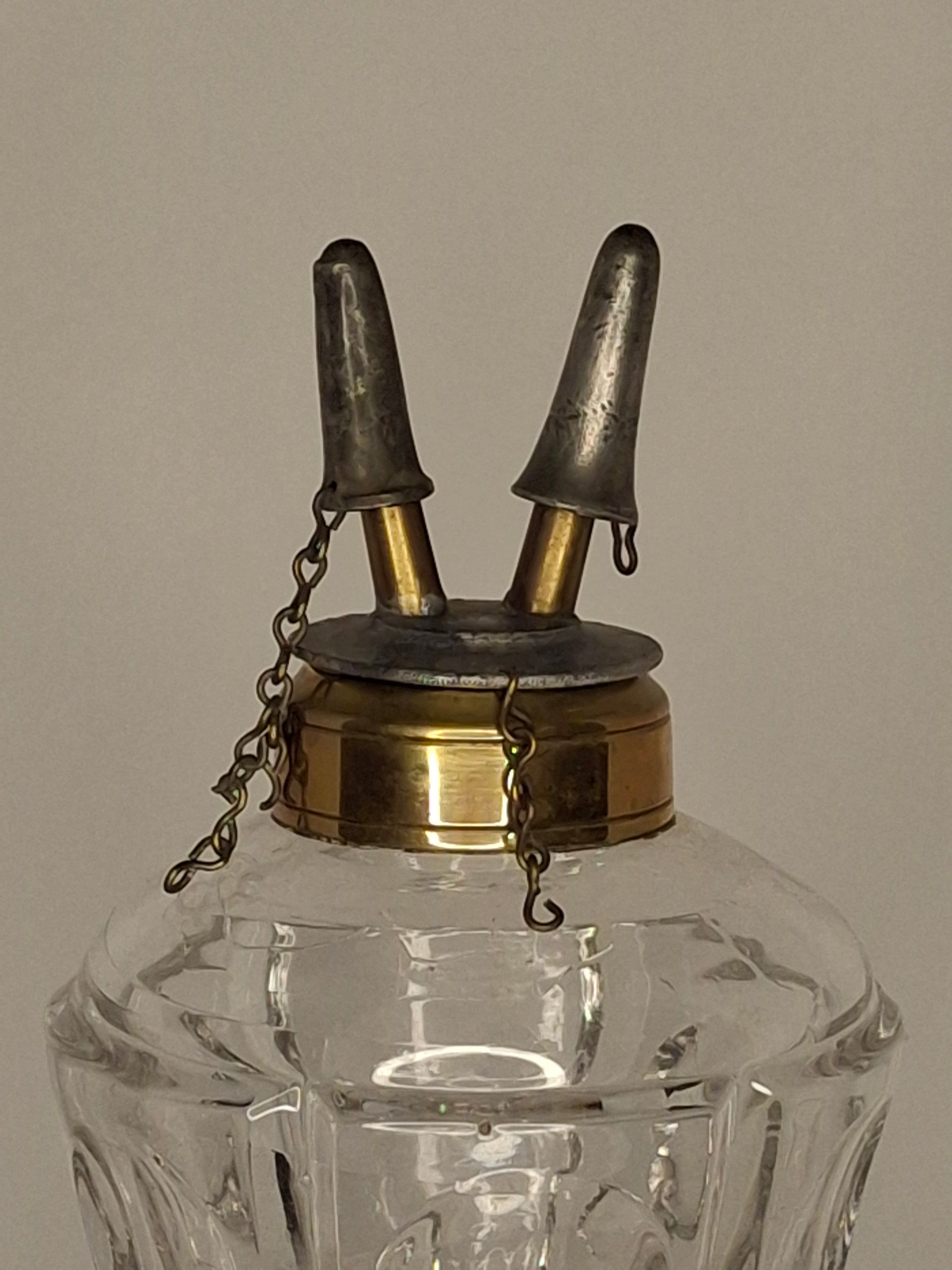 Tall Victorian Cut Glass Duplex Oil Lamp Brass Double Fluid Burner Snuff Caps c1880-1900