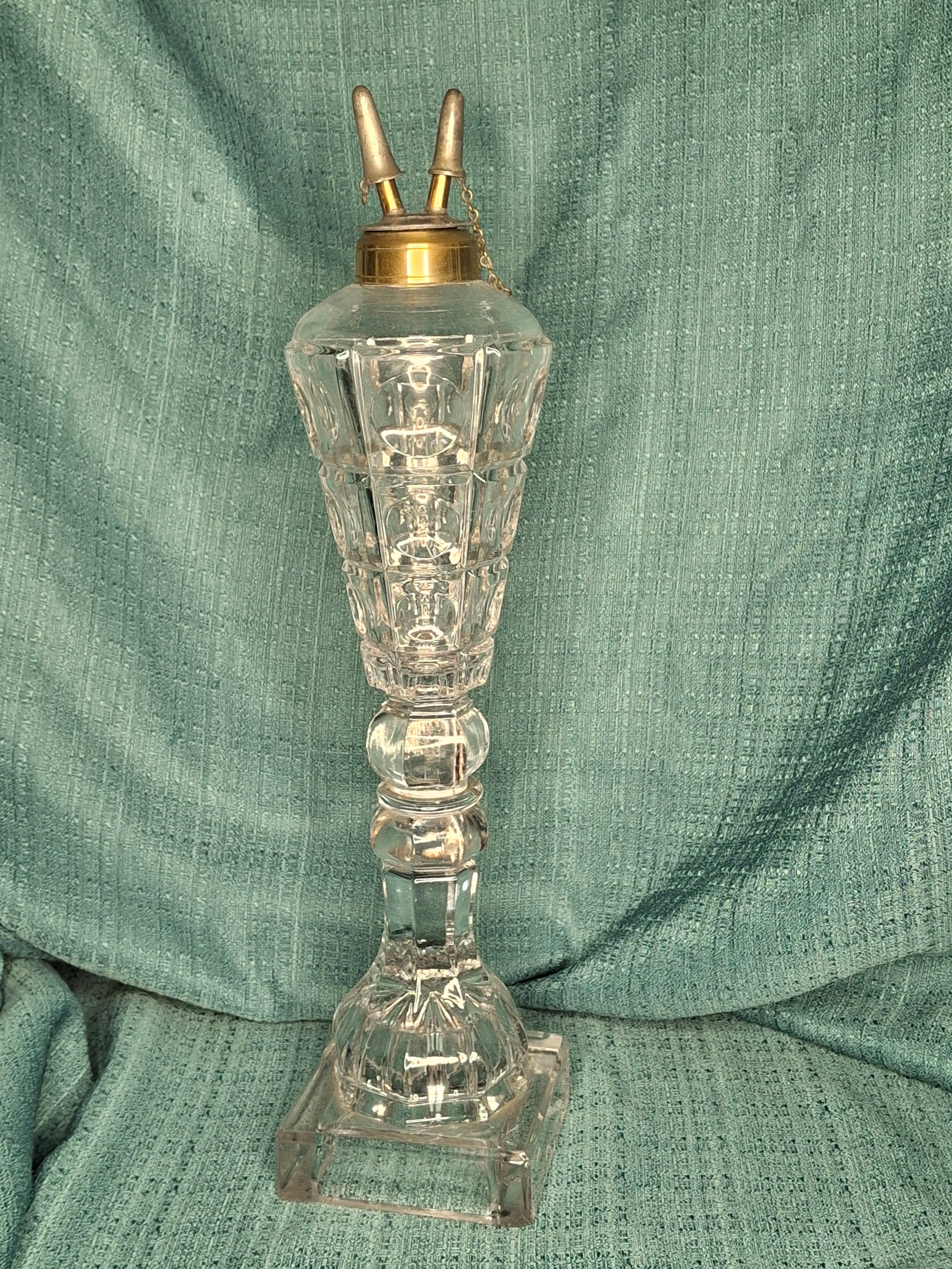 Tall Victorian Cut Glass Duplex Oil Lamp Brass Double Fluid Burner Snuff Caps c1880-1900