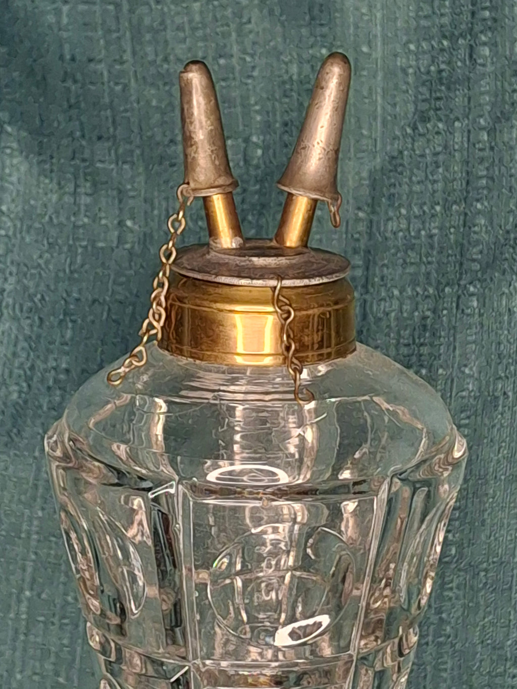 Tall Victorian Cut Glass Duplex Oil Lamp Brass Double Fluid Burner Snuff Caps c1880-1900