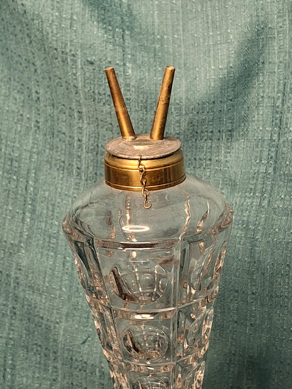 Tall Victorian Cut Glass Duplex Oil Lamp Brass Double Fluid Burner Snuff Caps c1880-1900