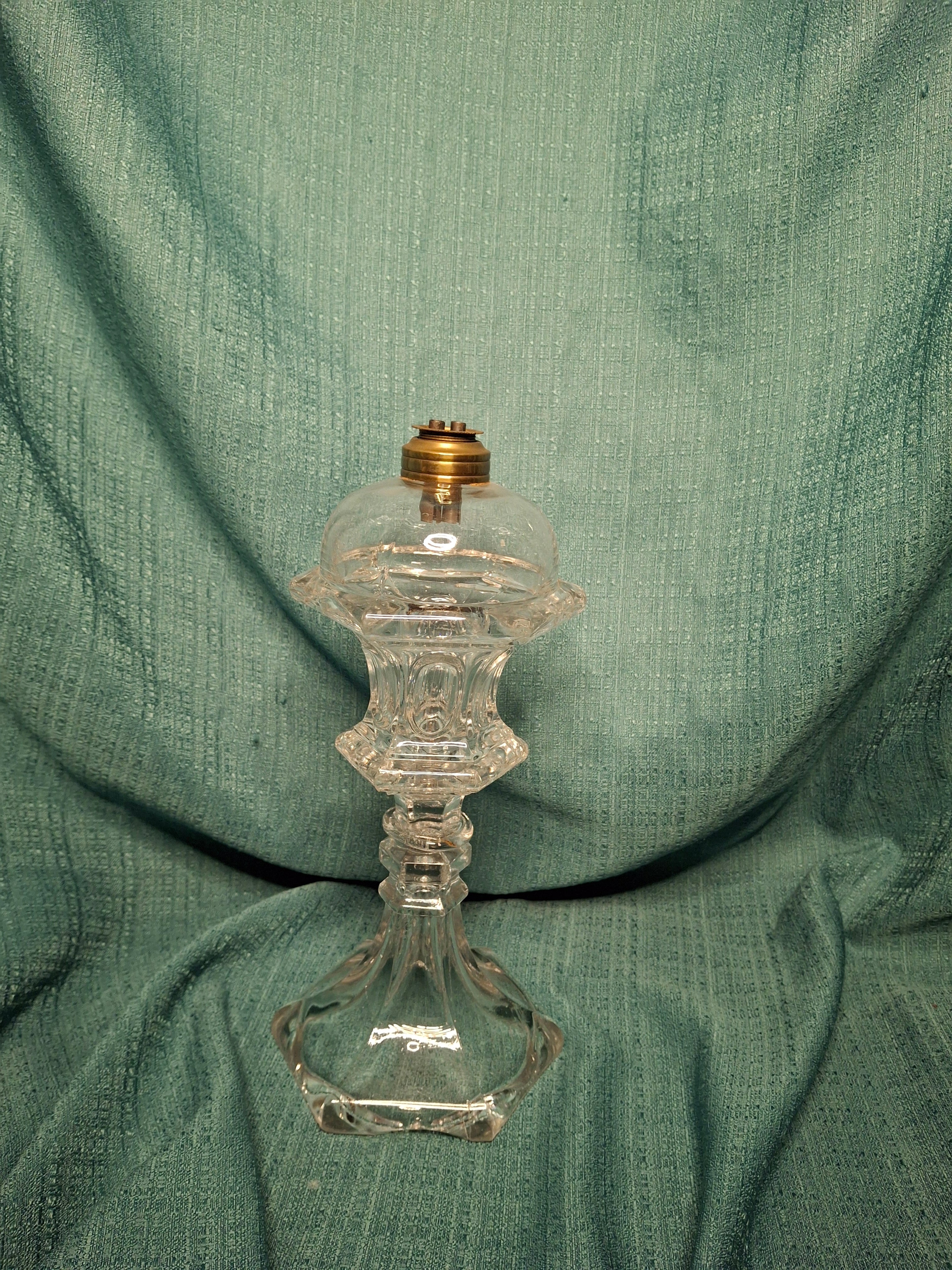 Antique 1840s Tall Sandwich Glass Double Whale Oil Burner Lamp - Clear Blown Font, Brass Fittings, Minor Base Chip - American Primitive Lighting